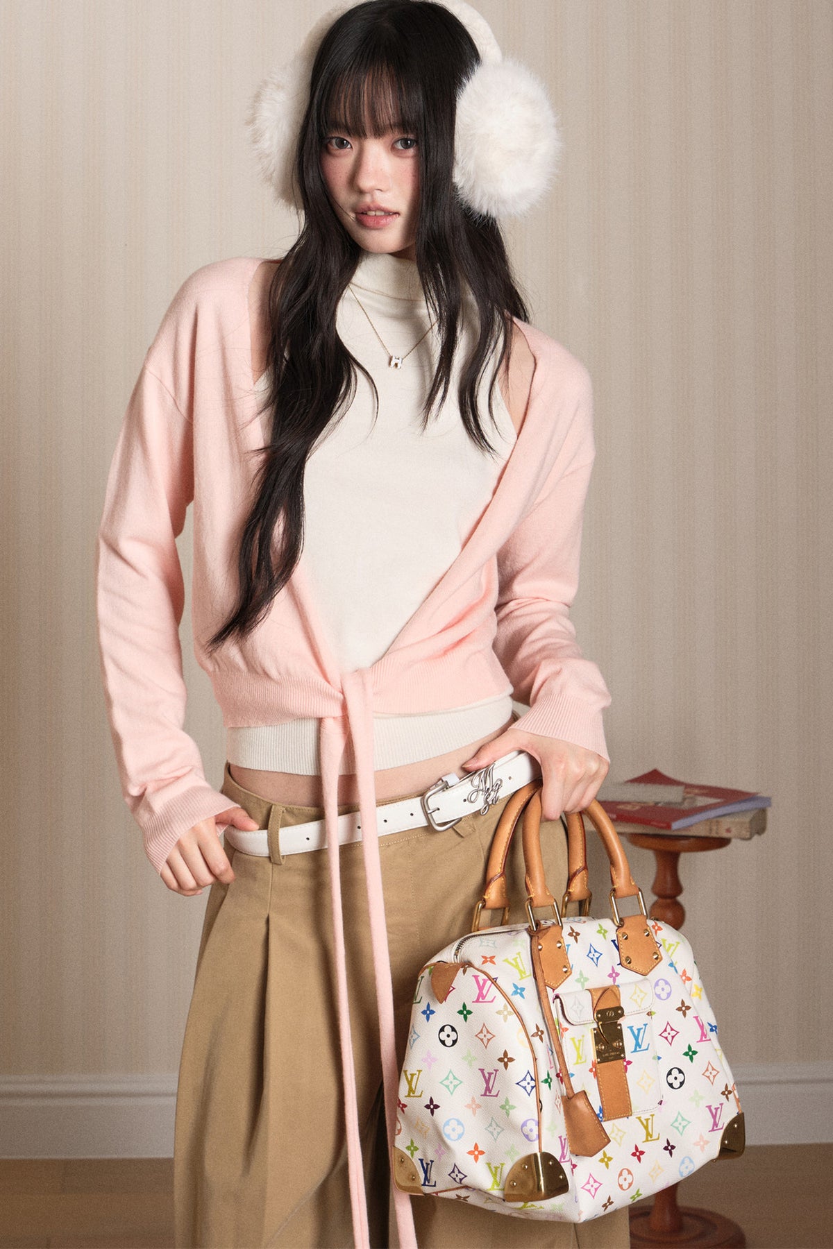 Layered High-Neck Vest and Tie-Up Cardigan Set-Up