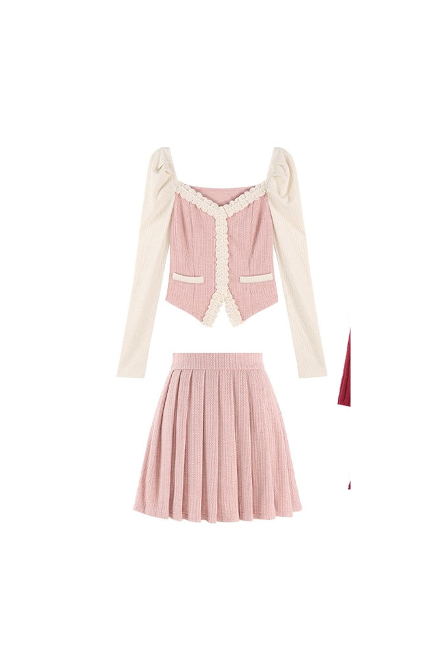 Completo rosa con top e gonna e abito rosso con scollo a V