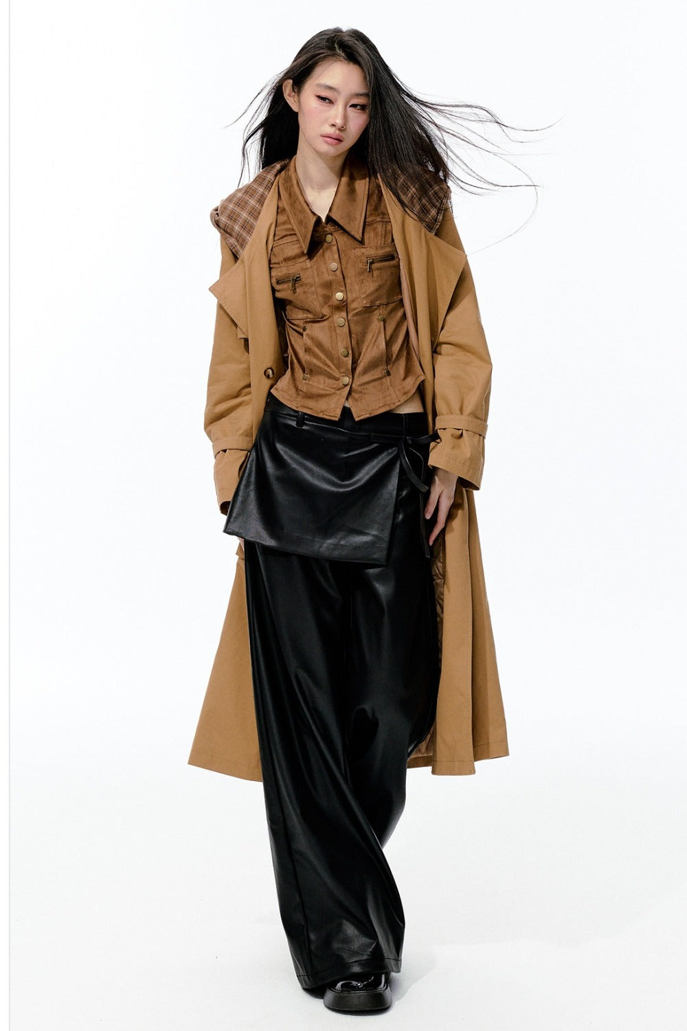 Detachable Beaded Chain Bronze Rivet Suede Shirt