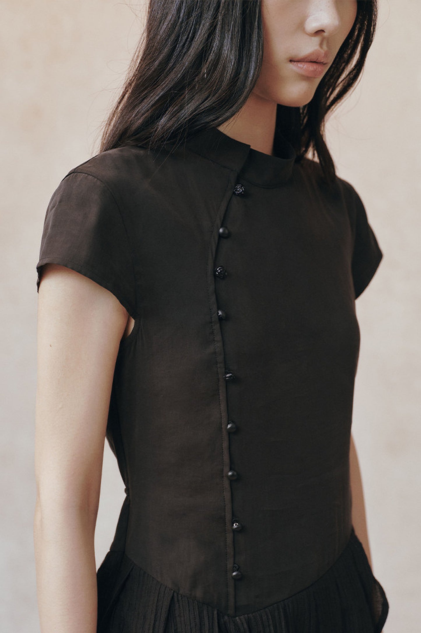 Diagonal Placket Pearl Button Irregular Hem Dress