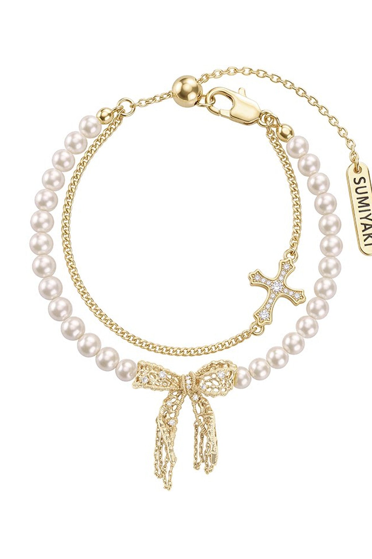 Lace Bow Double-Layered Pearl Bracelet
