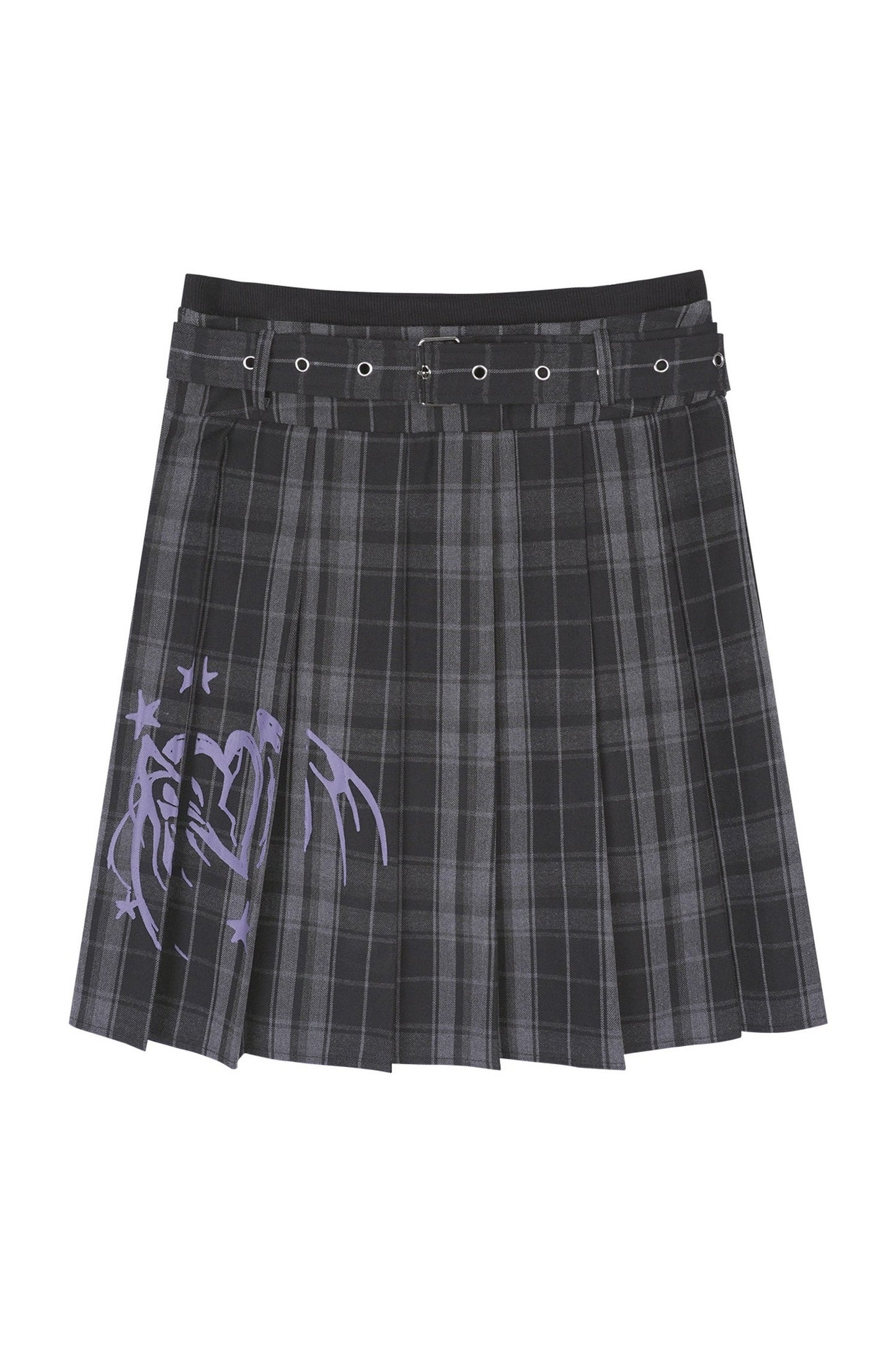 Gray-Purple Raglan Sleeve Printed Drawstring T-Shirt and Plaid Skirt Set