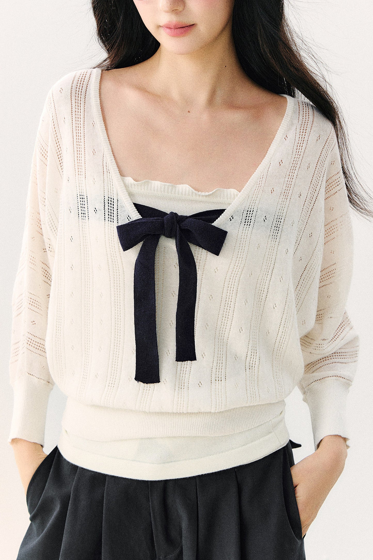 Bowknot Hollow-Out Knit Cardigan And Inner Top Set