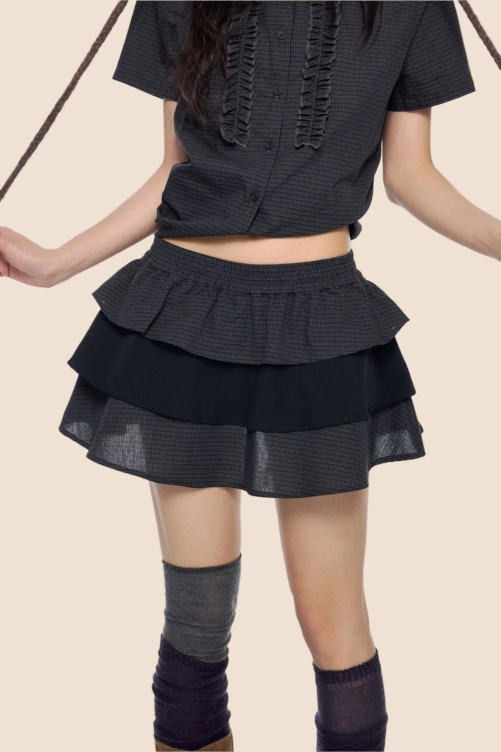 Plaid Pleated Blouse and Cake Skirt Set-Up