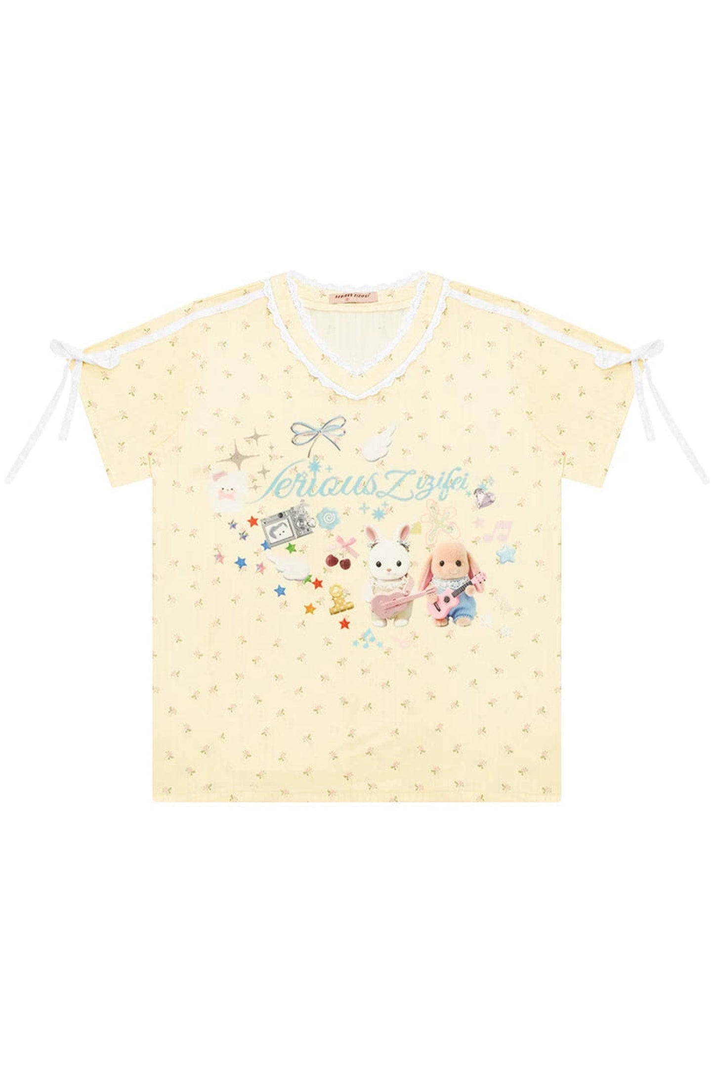 Tee-shirt jaune à col en V en dentelle florale