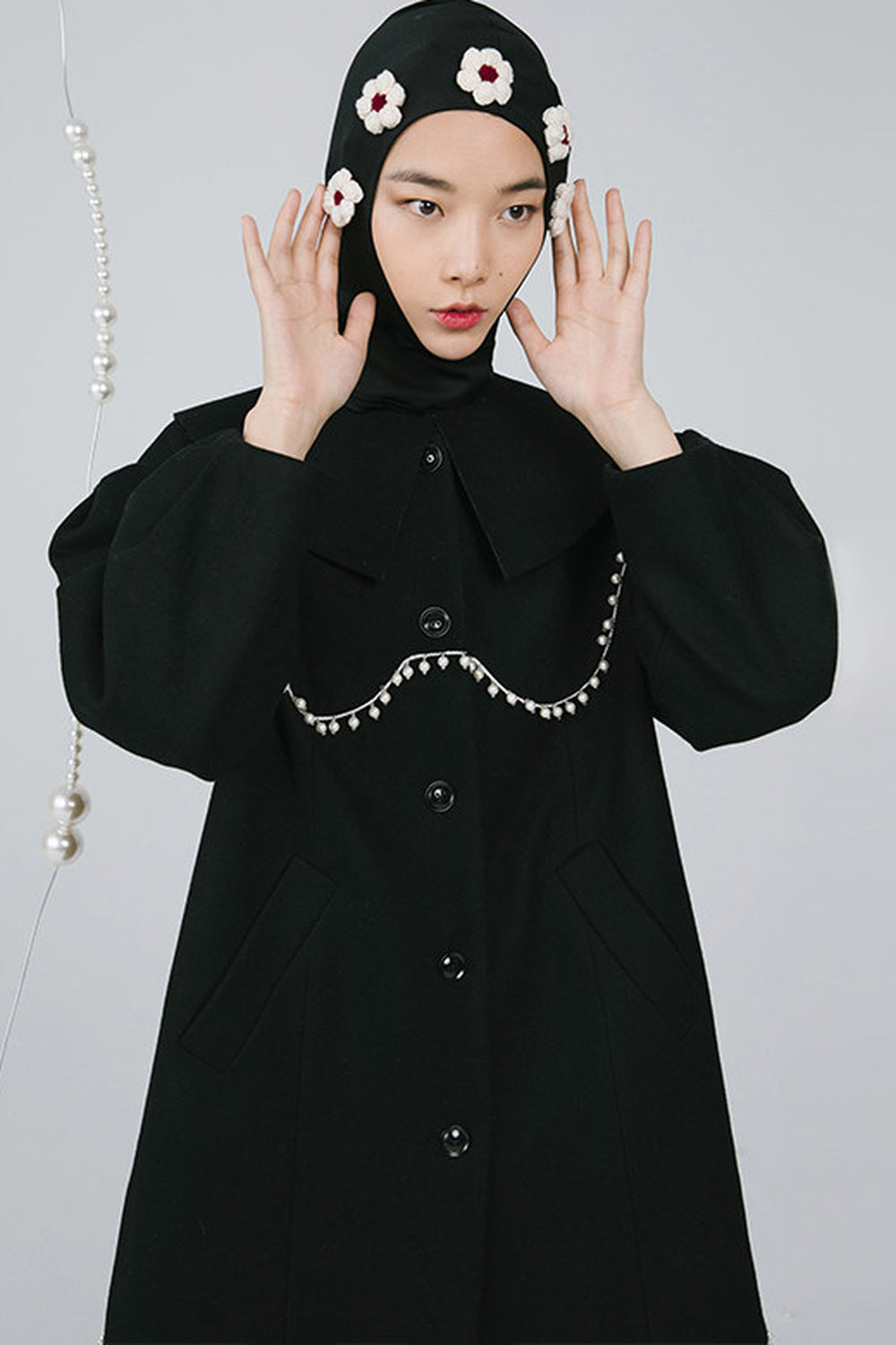Black Pearl Lace Wool Coat
