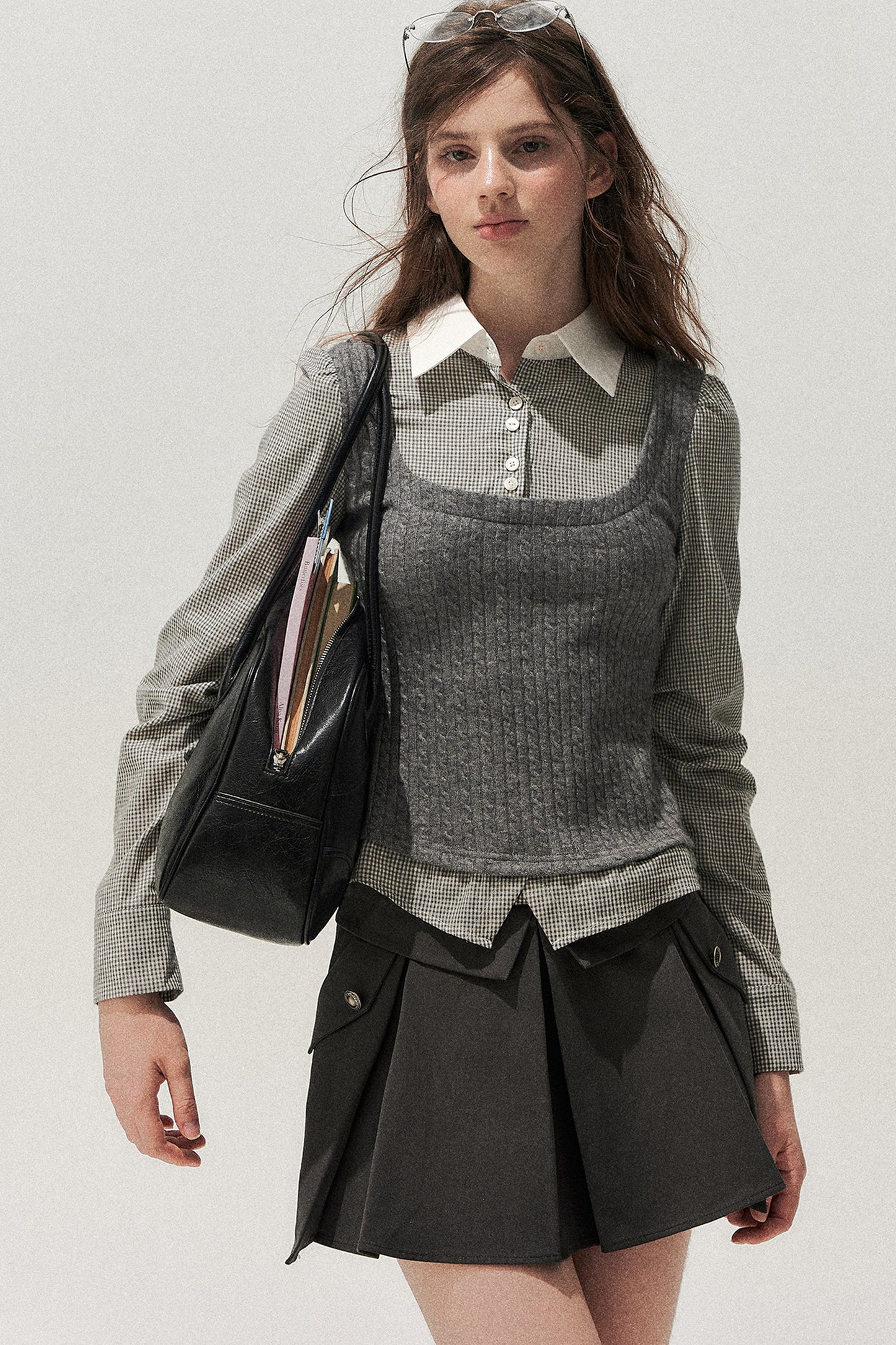Double Waistband Gray Pleated Skirt