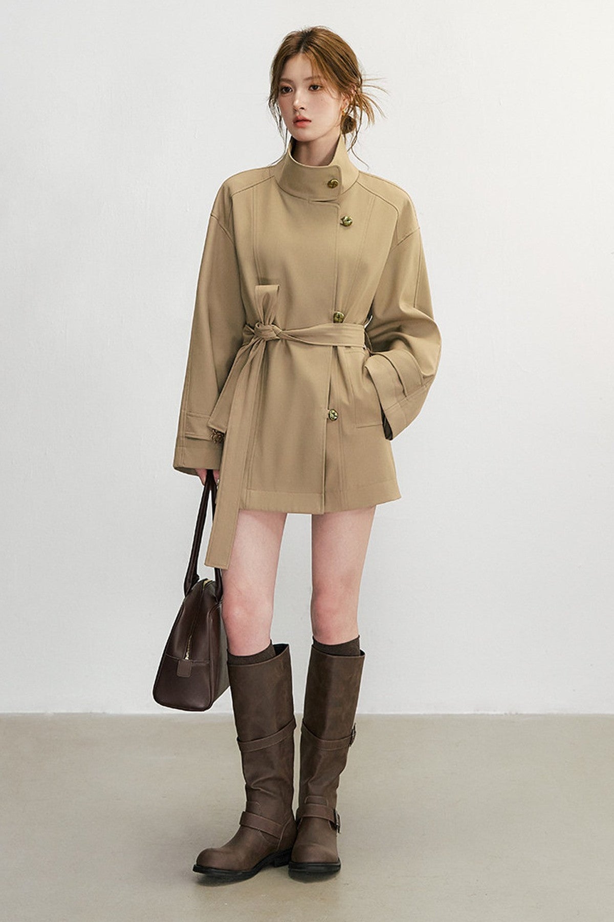Retro Stand-Up Collar Diagonal Placket Waist-Cinching Jacket