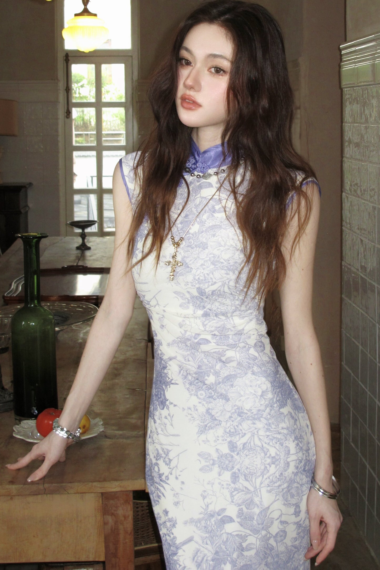 Abito cheongsam in rete elasticizzata stampata