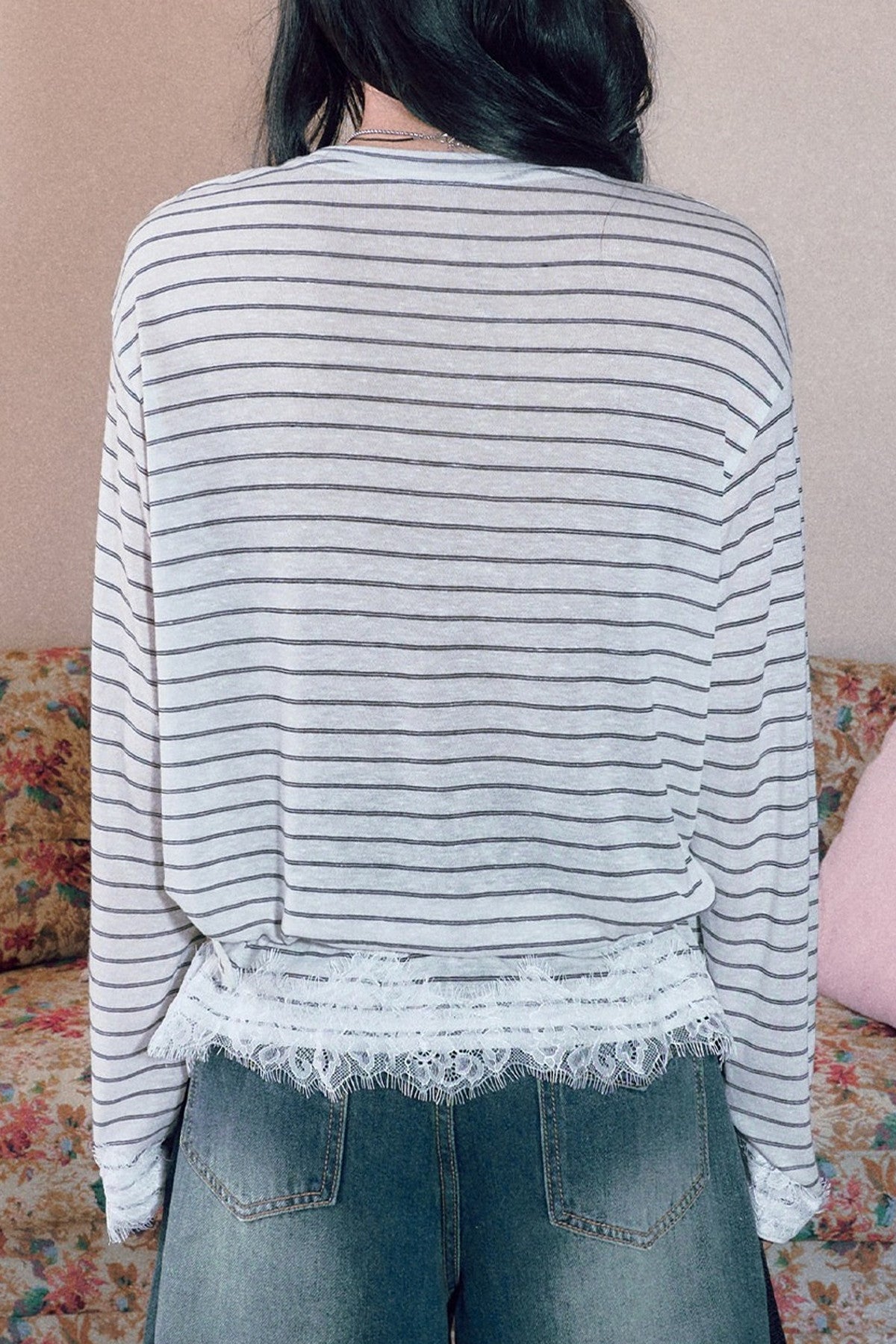 Striped Lace Patchwork Long-Sleeve Top and Pants Set-Up