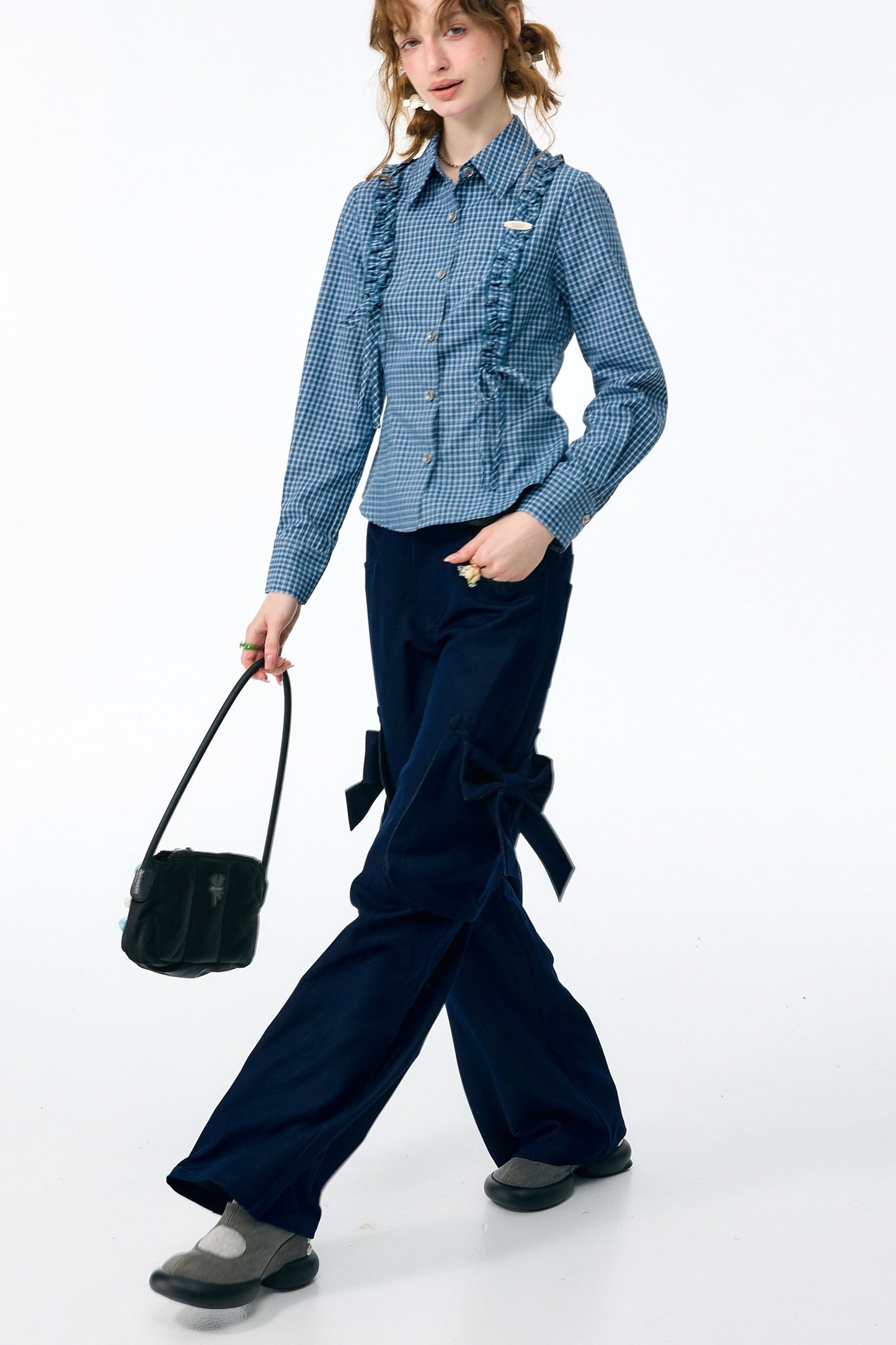 Blue Plaid Slimming Long Sleeve Blouse
