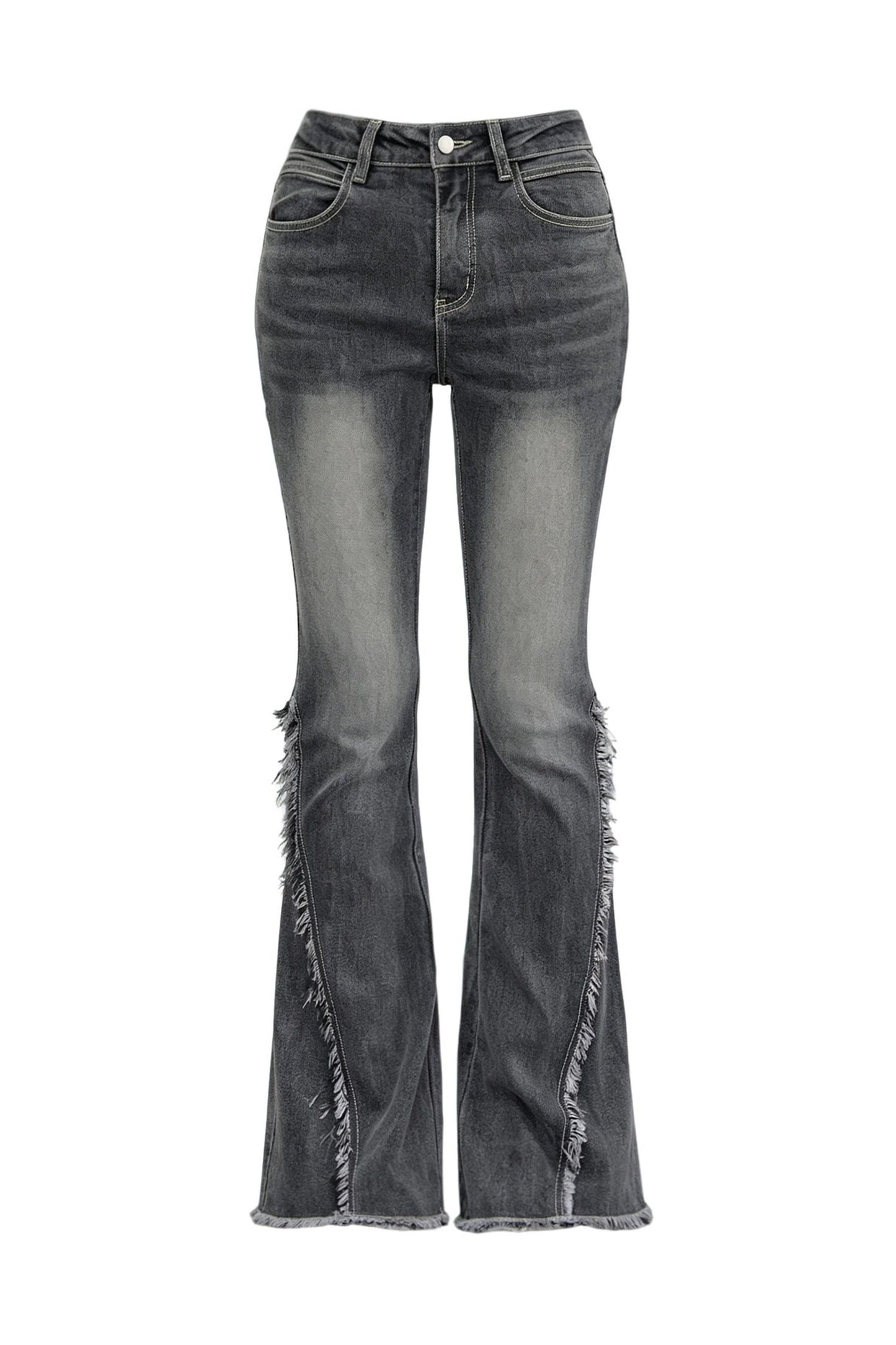 High-Waisted Washed Fringed Flared Jeans