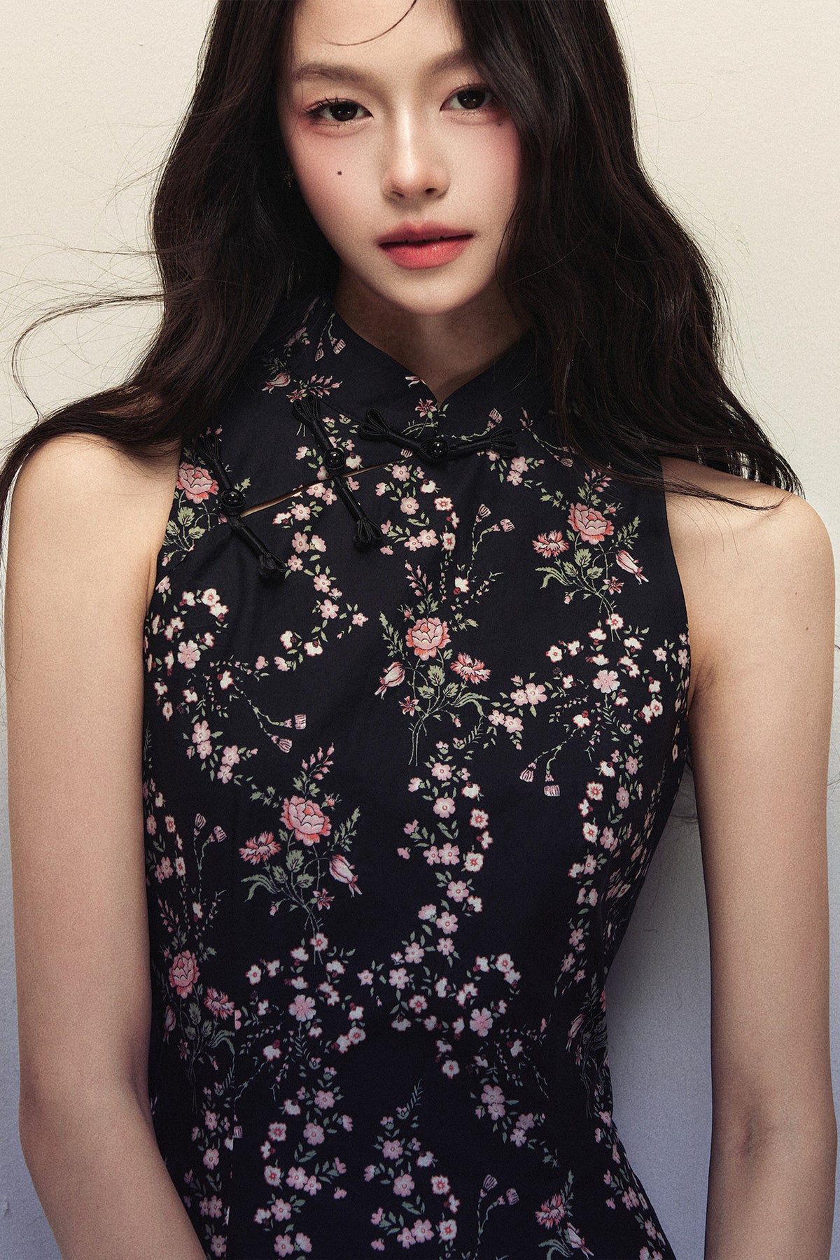 Floral Print Stand Collar Sleeveless Dress