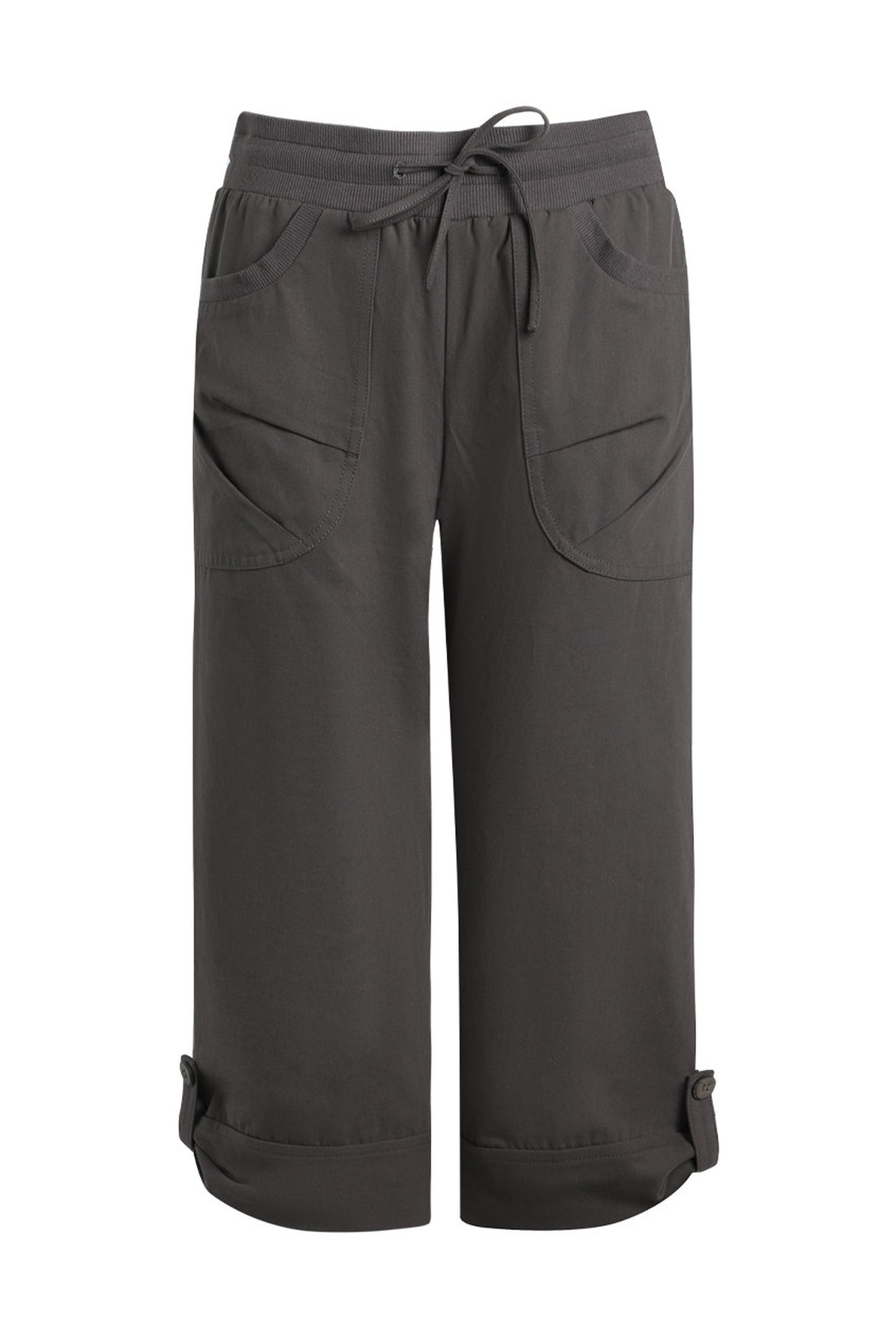 Ribbed Waist Rolled Hem Mid-Length Pants