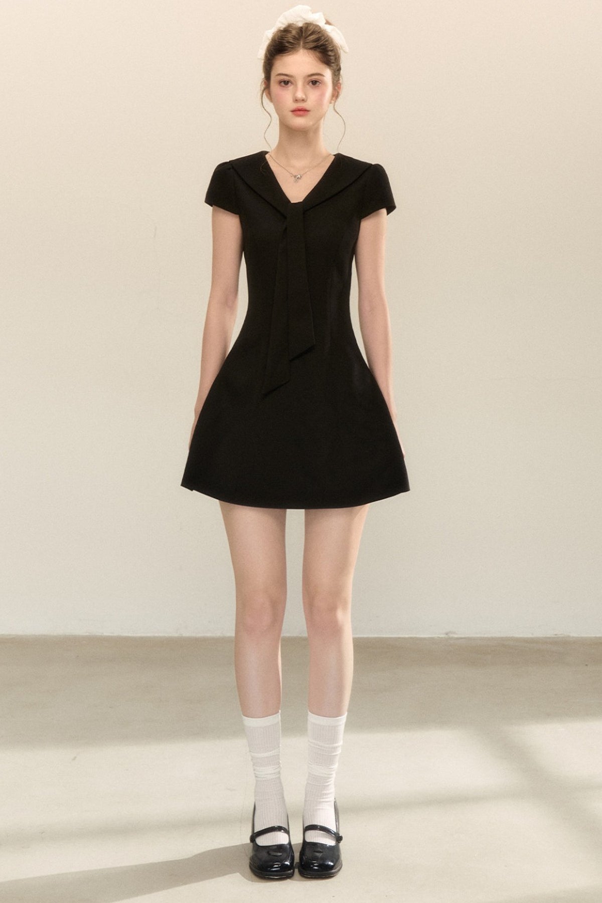 Navy Collar Short Sleeve A-Line Dress