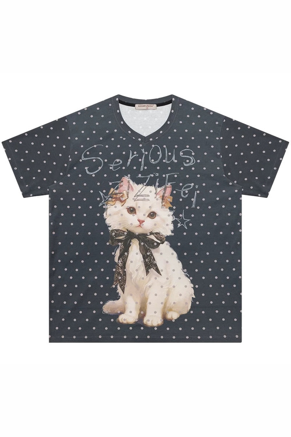 Top Scollo a V Grigio con Pois Gatto