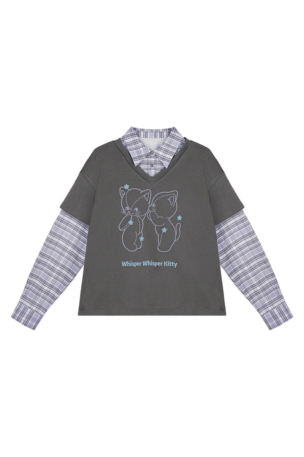 Sweatshirt im Lagenlook mit Katze und Karomuster