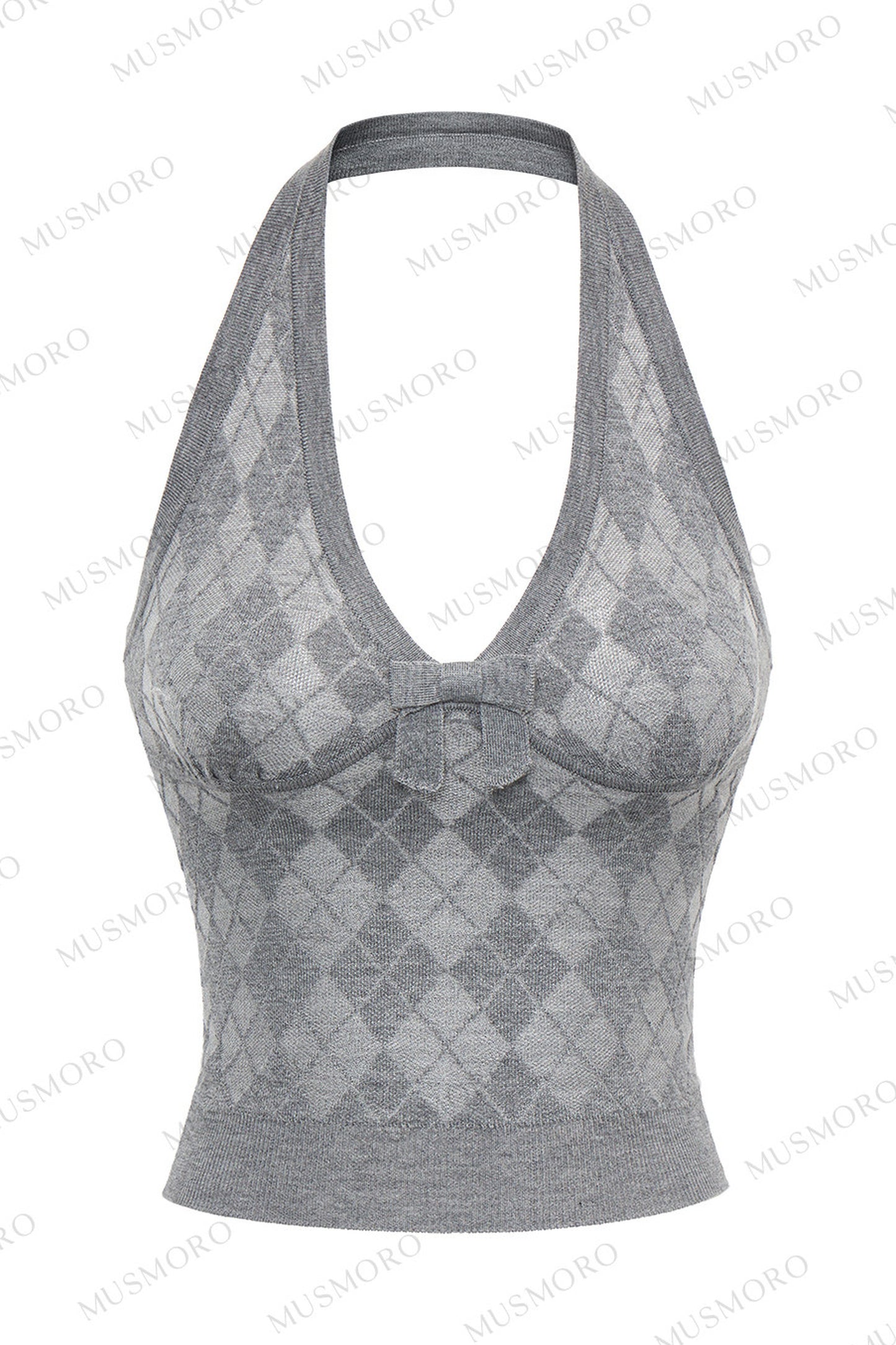 Grey Argyle Knit Cardigan With Camisole Set-Up