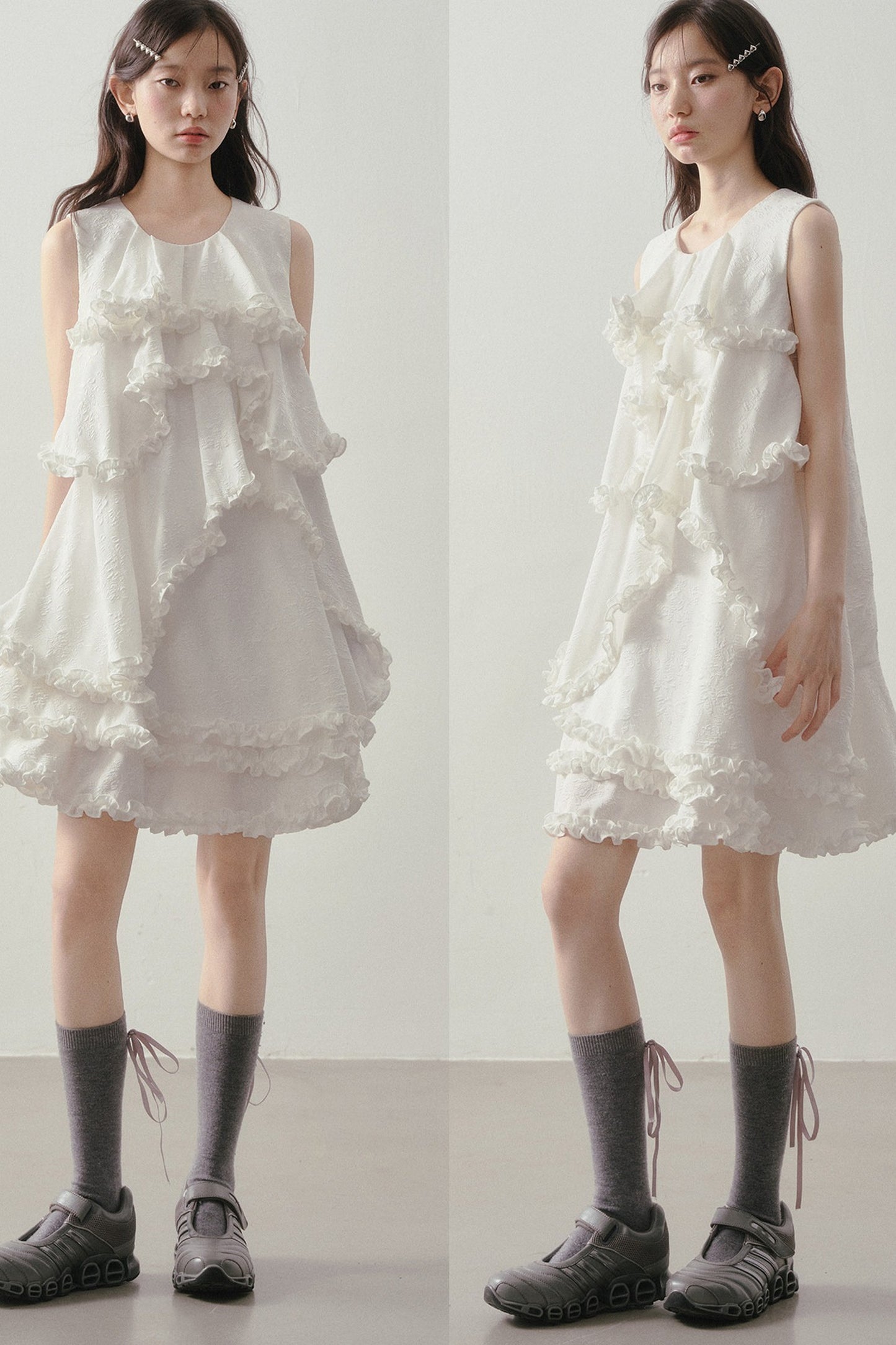 White Irregular Ruffle Dress