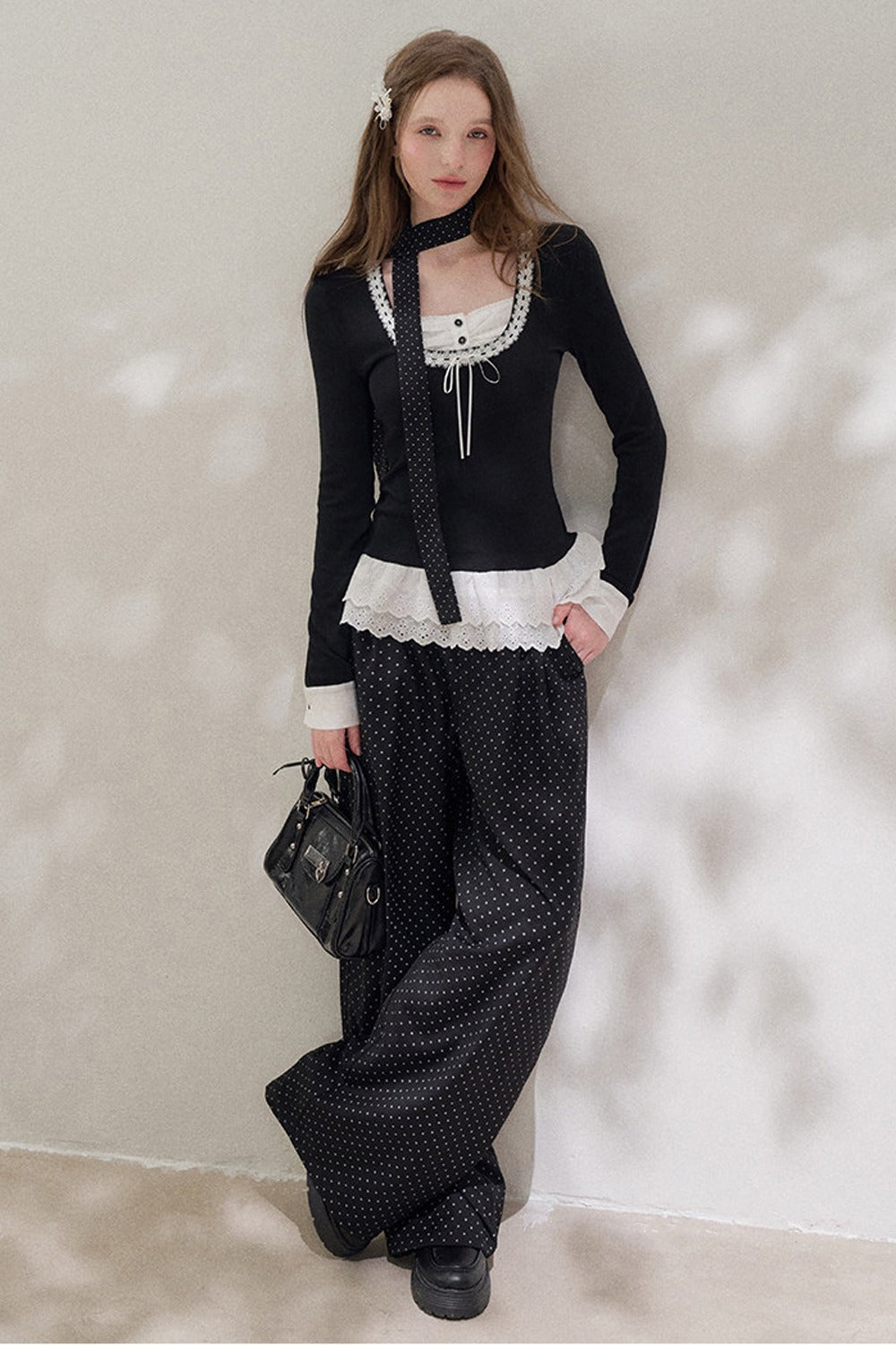 Black Layered-Look Long Sleeve Blouse