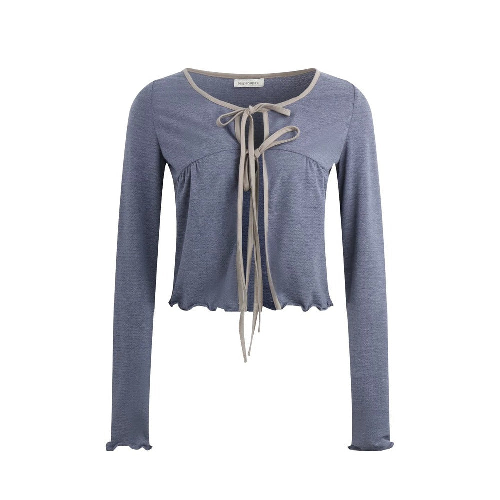 Lace-Up Ruffle Knit Cardigan