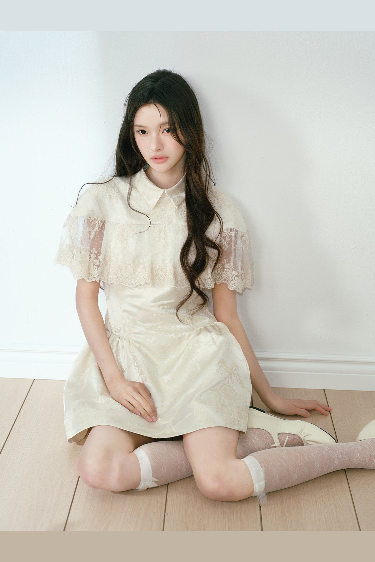 Champagne Satin Jacquard Cape Dress
