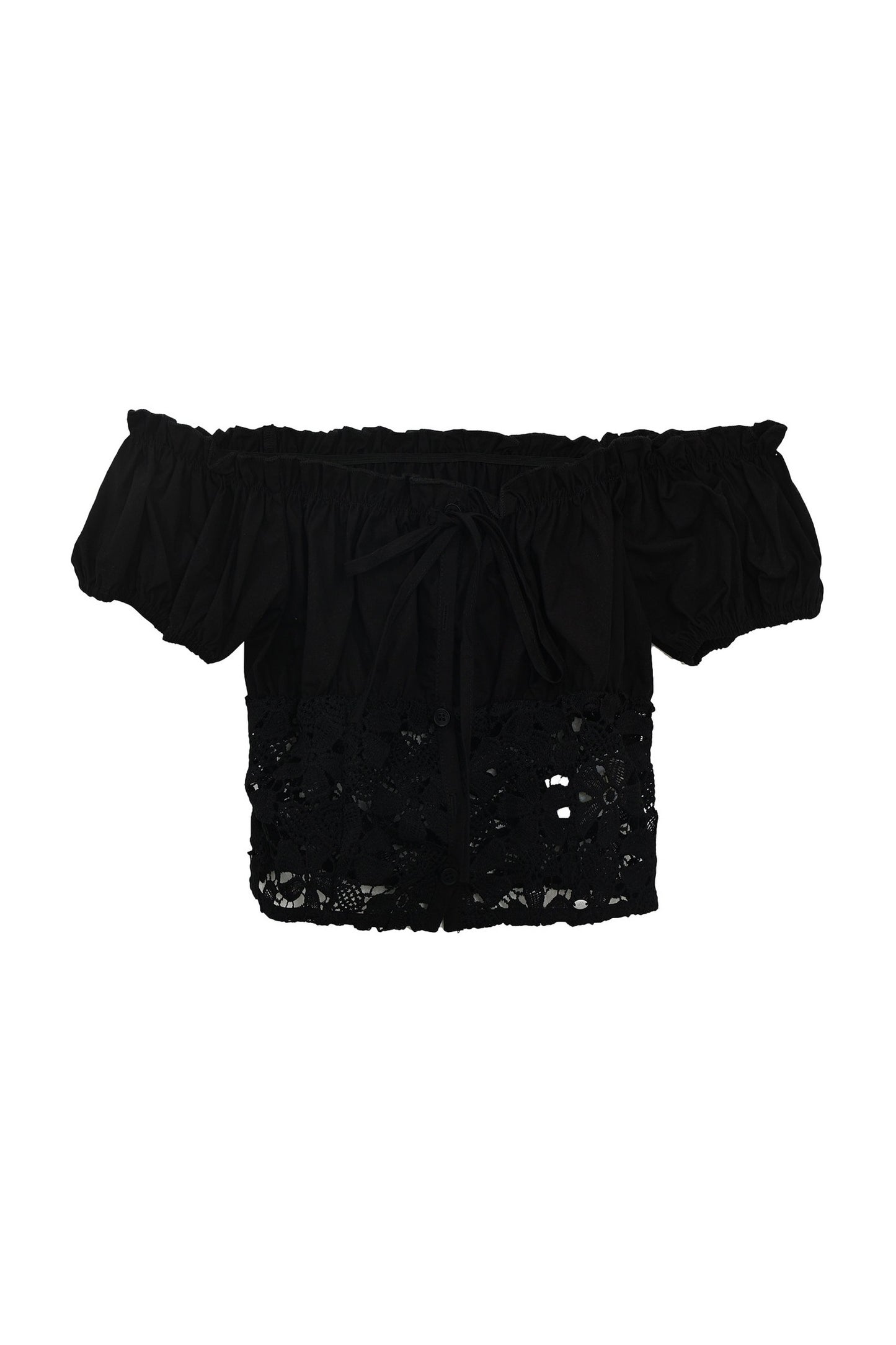 Off-Shoulder Lace Cutout Puff Sleeve Crop Top