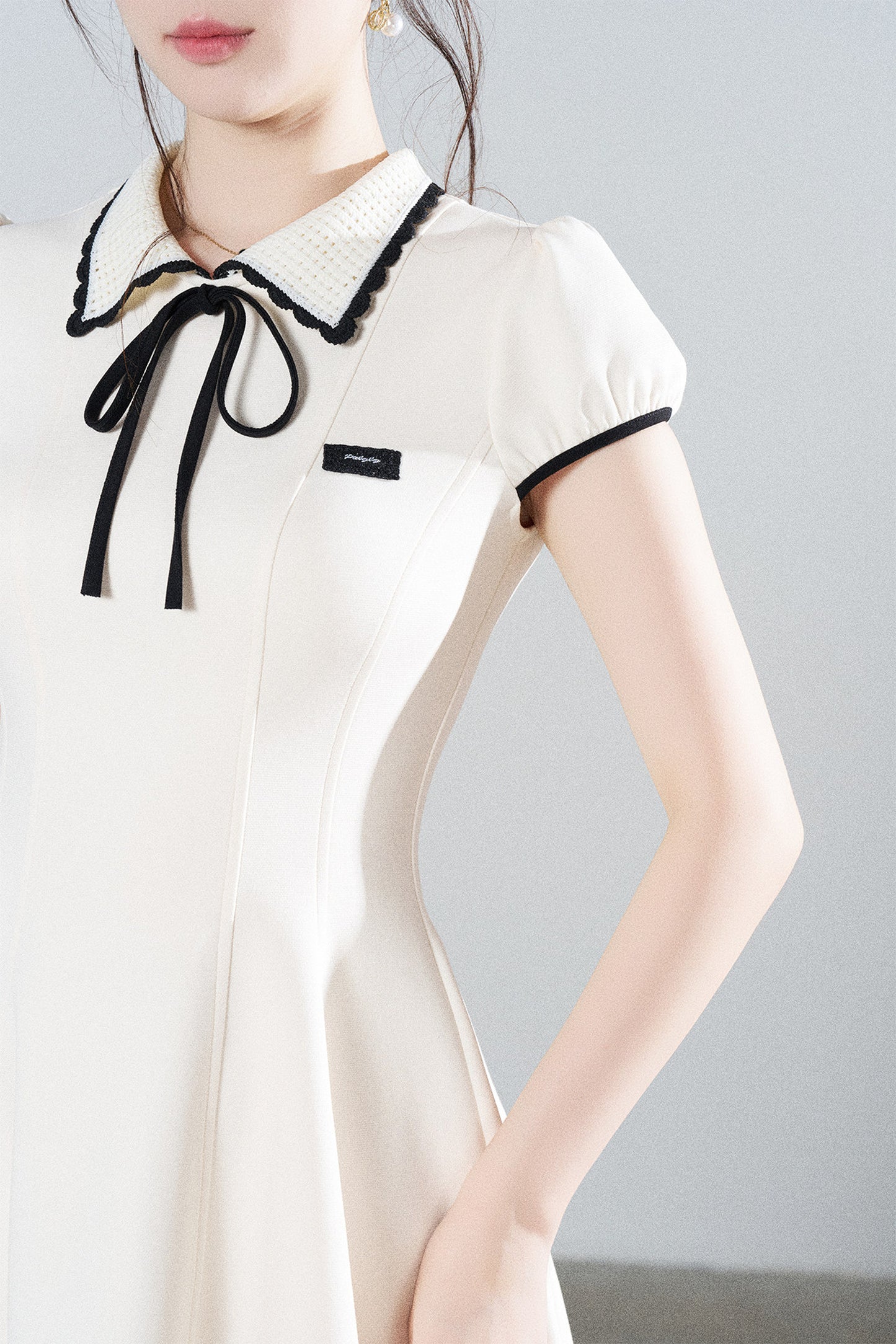 French Style Puff Sleeve Cinched Waist Dress