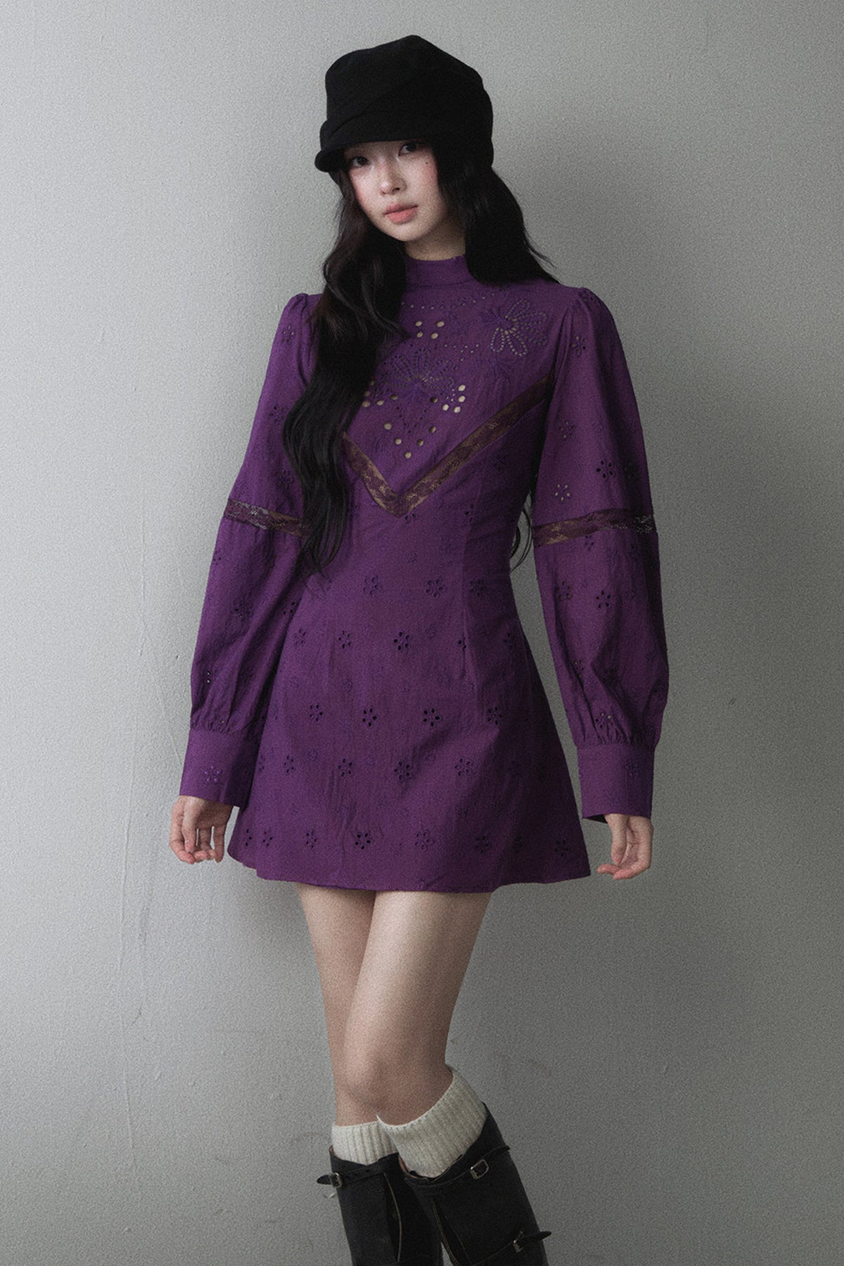 Hollow Embroidery Patchwork Long-Sleeve A-Line Dress