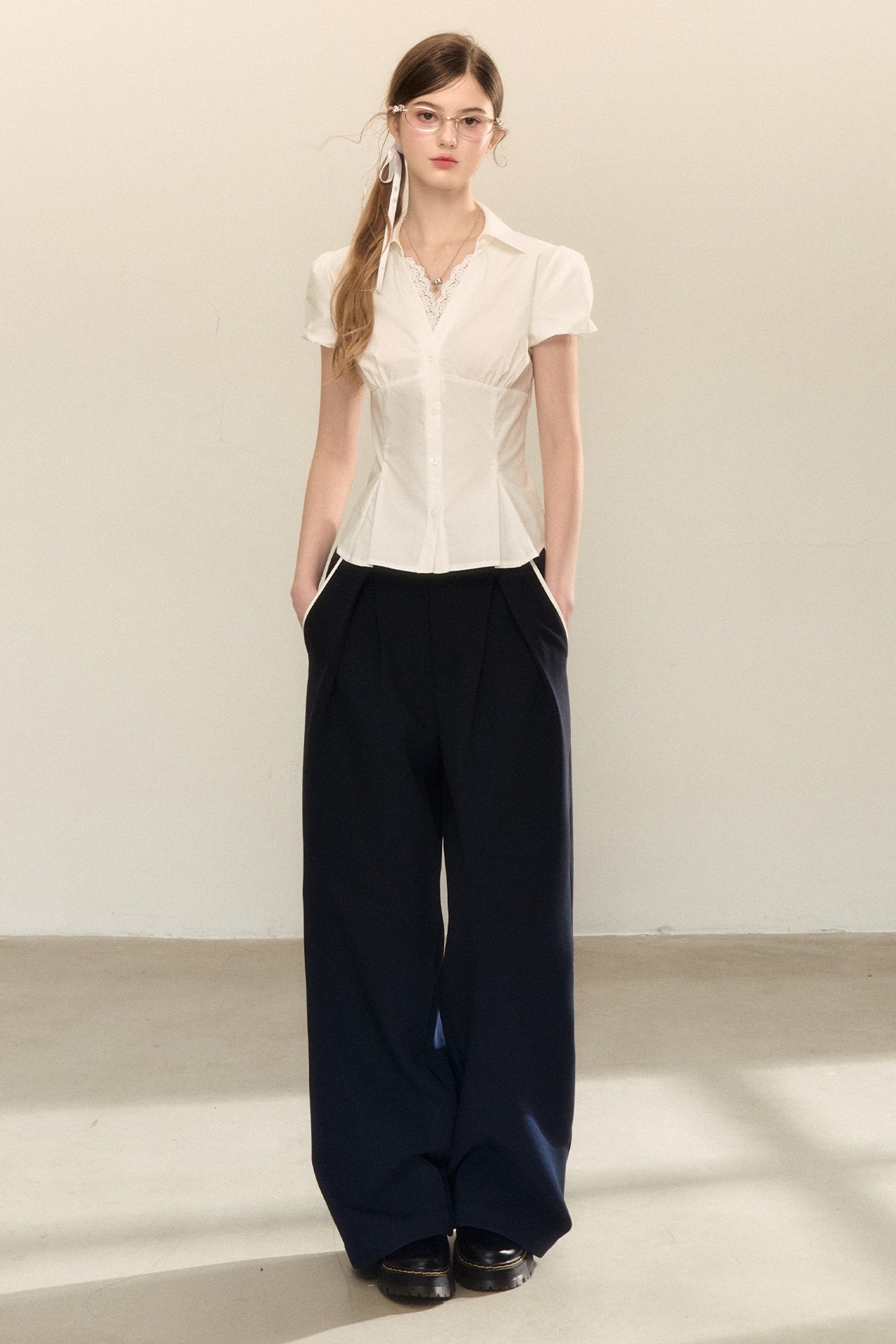 White Pleated V-Neck Short-Sleeve Shirt