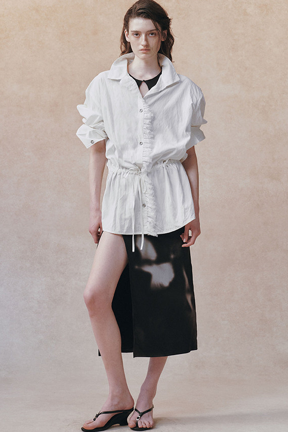 Oversized Crinkled Lace Drawstring Shirt