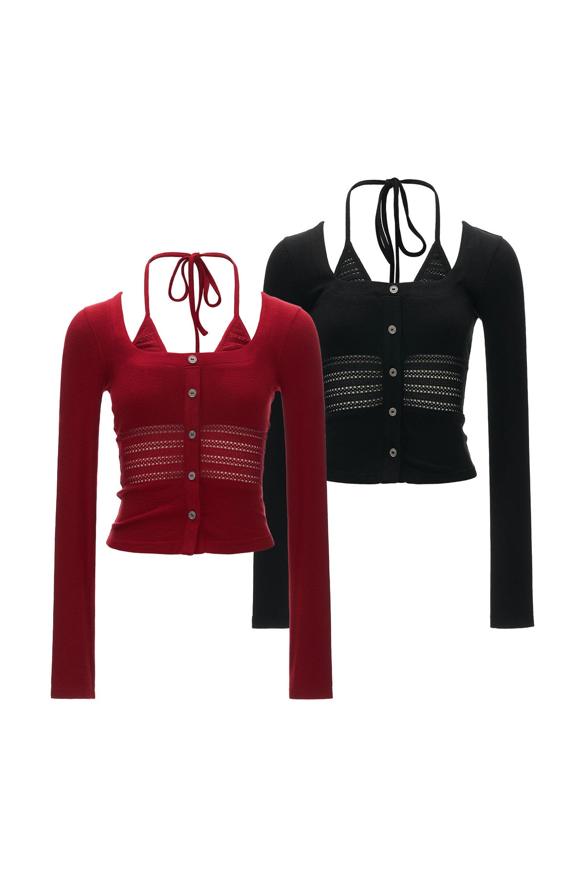 Long-Sleeve Halter Button Hollow-Out Cardigan