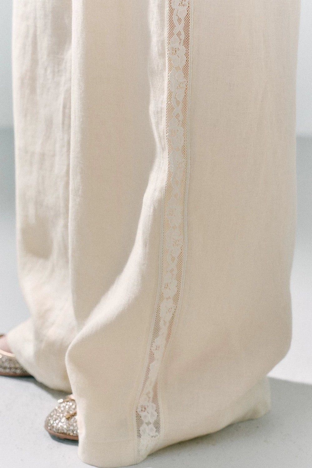 Pure Linen Lace-Trimmed Wide Leg Pants