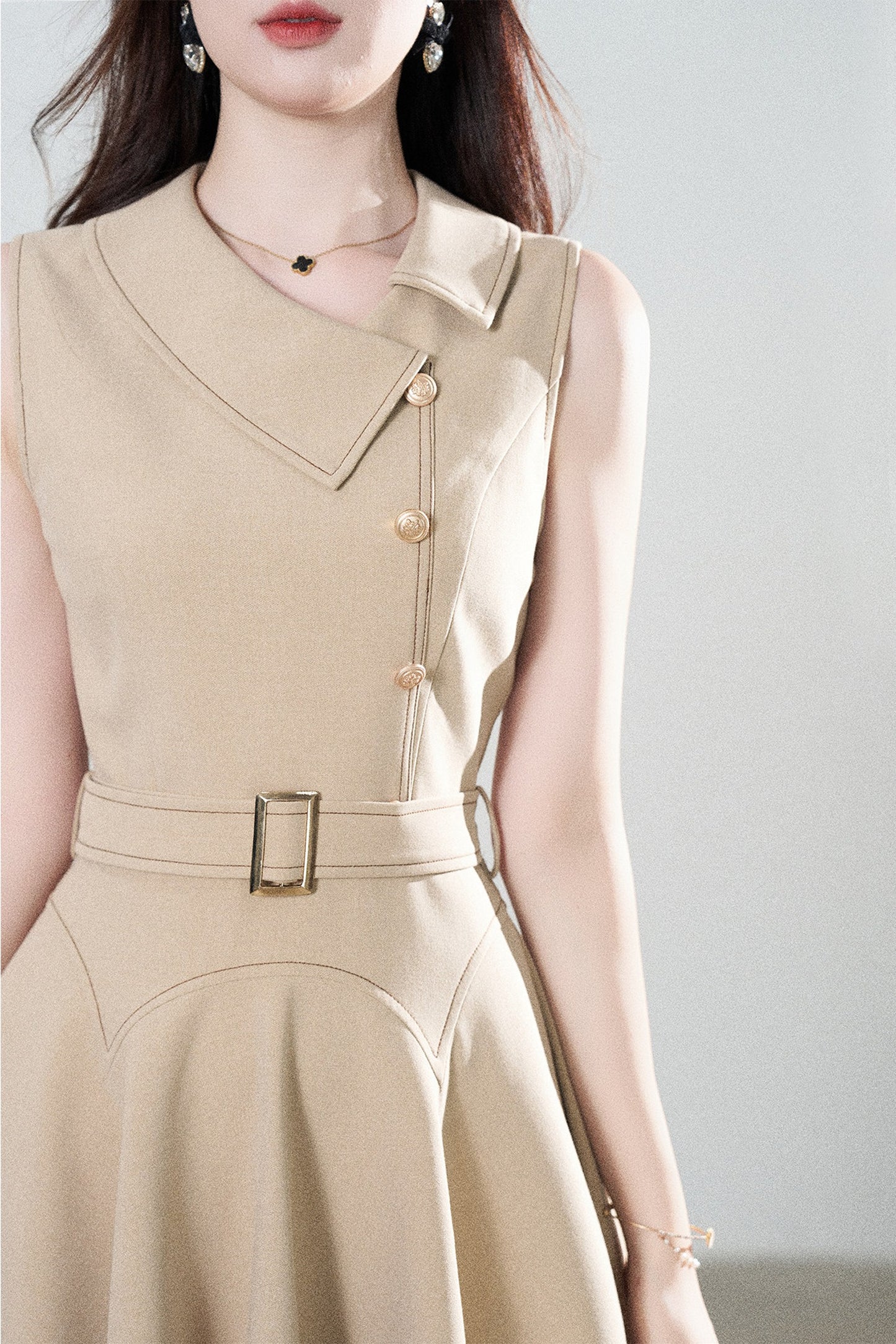 Khaki Asymmetrical Collar Sleeveless A-Line Dress