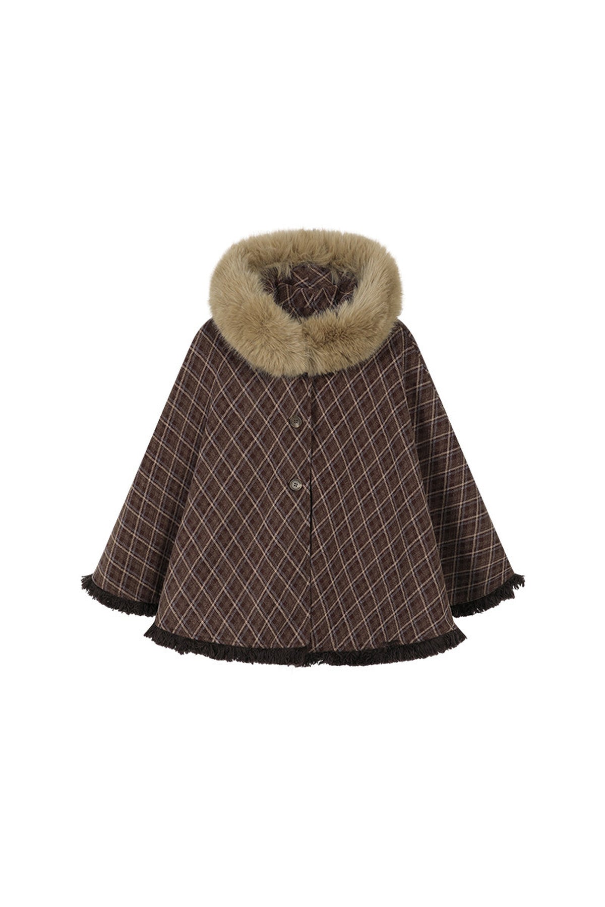 Plaid Fur Collar Hooded Shawl Cape