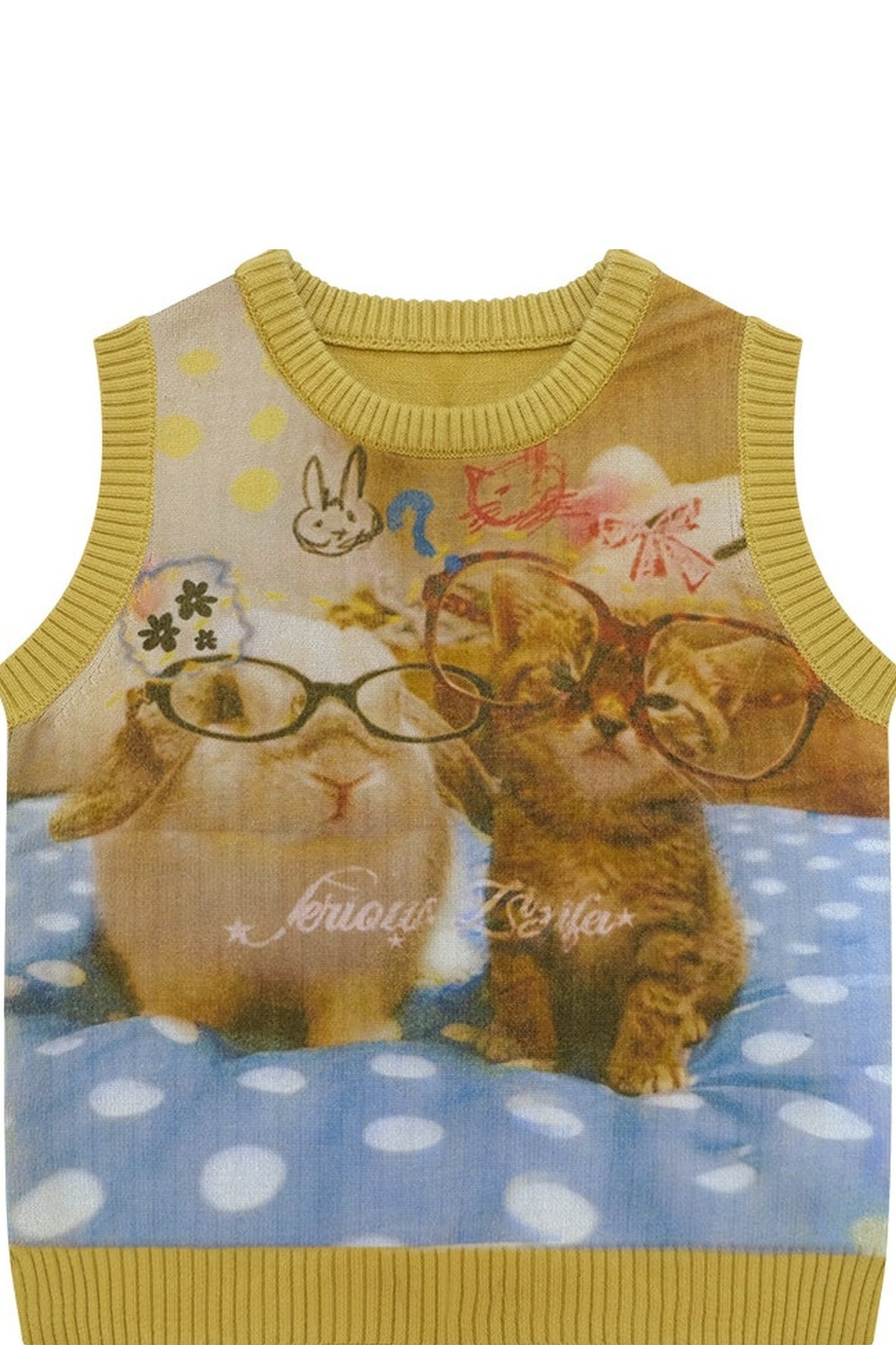 Gelbe Weste mit Katzen- und Hasenprint