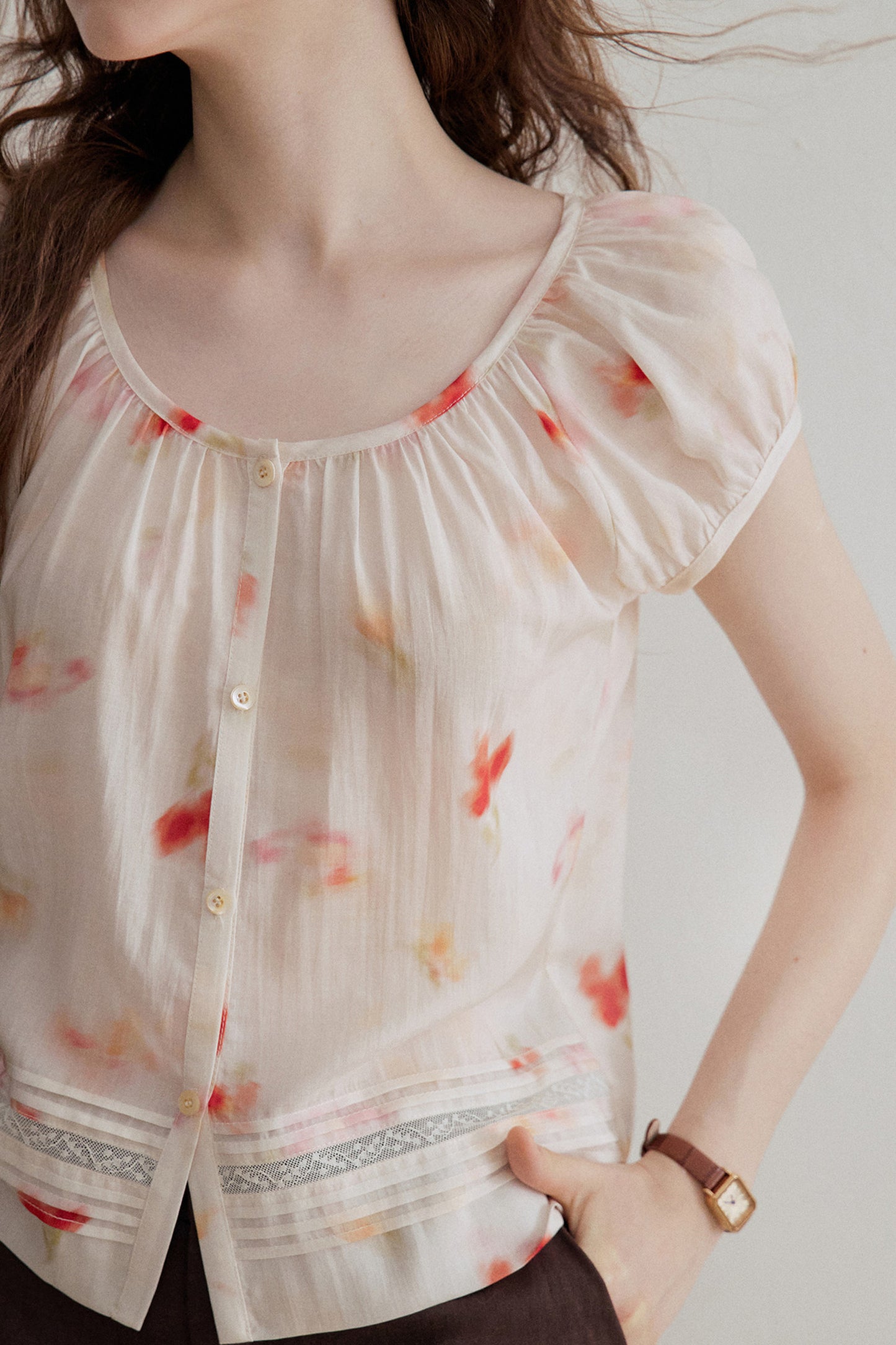 Floral Lyocell Short-Sleeve Blouse