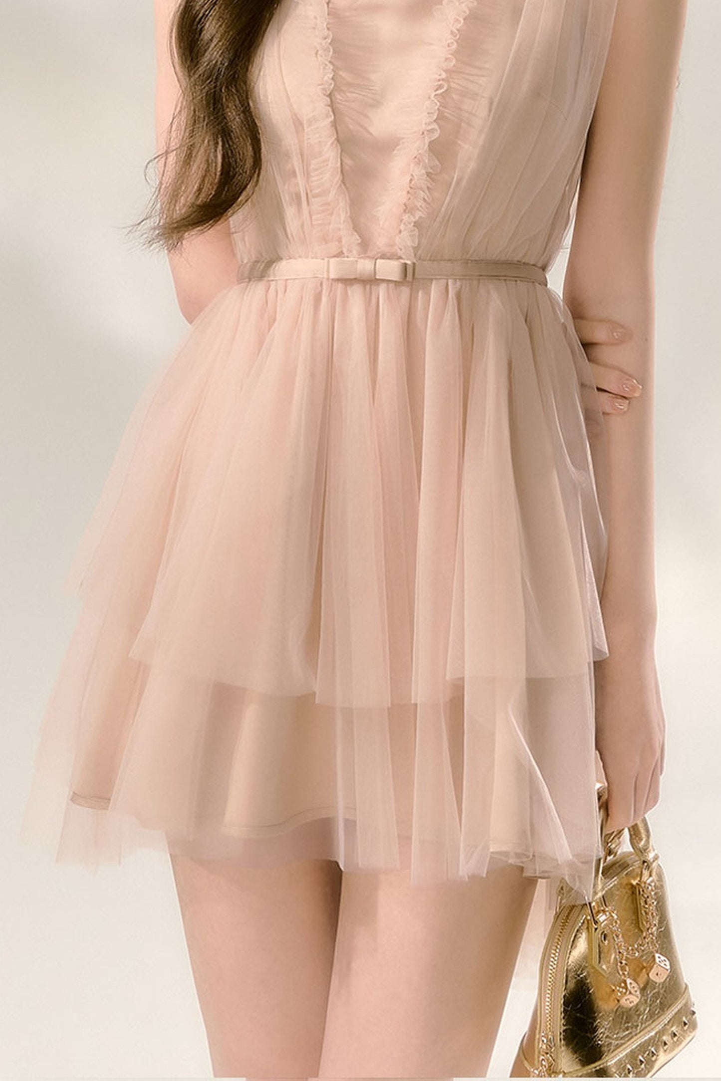 Nude Ballet Bow Lace Puffy Dress