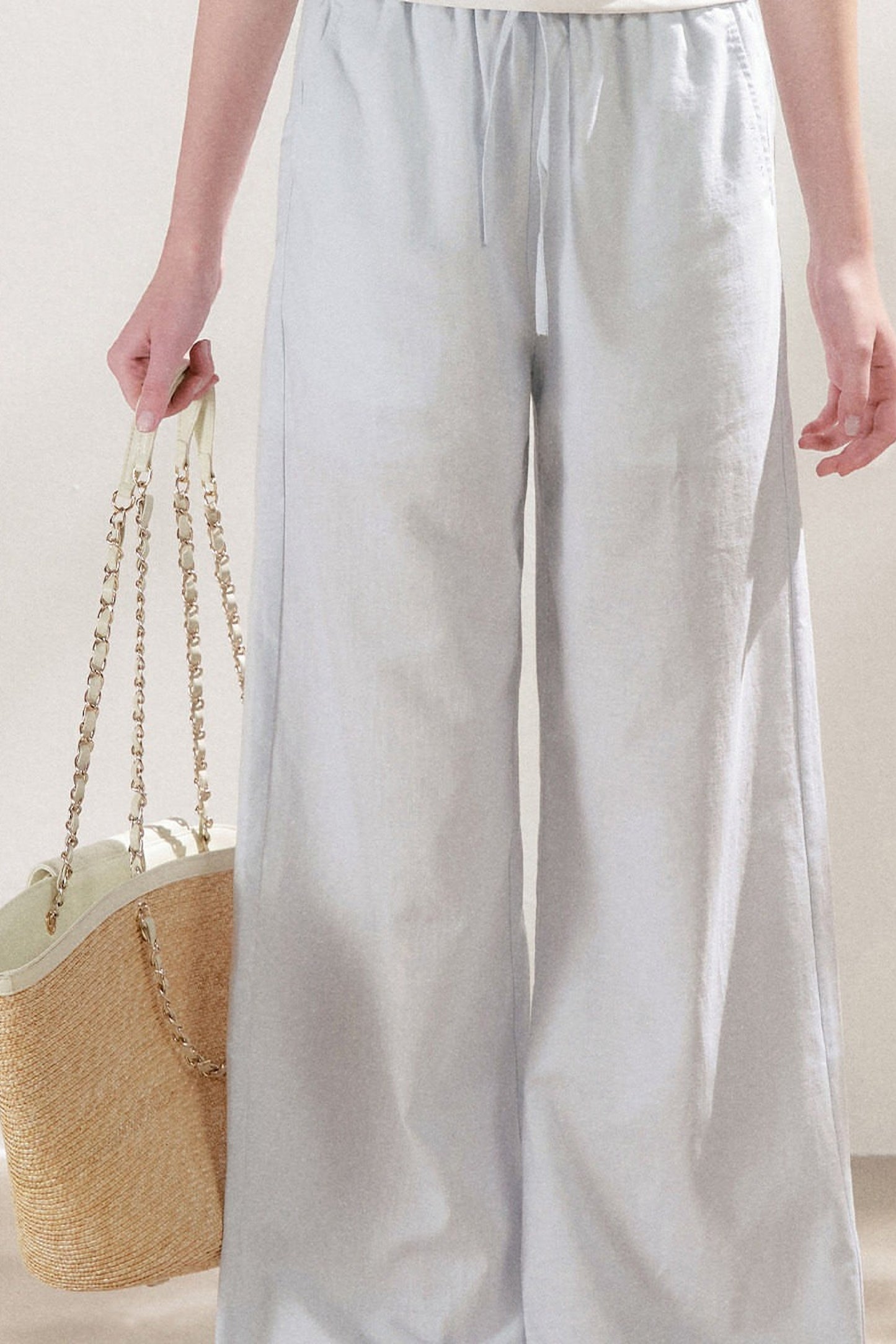 High-Waisted Linen Cotton Drawstring Wide-Leg Pants