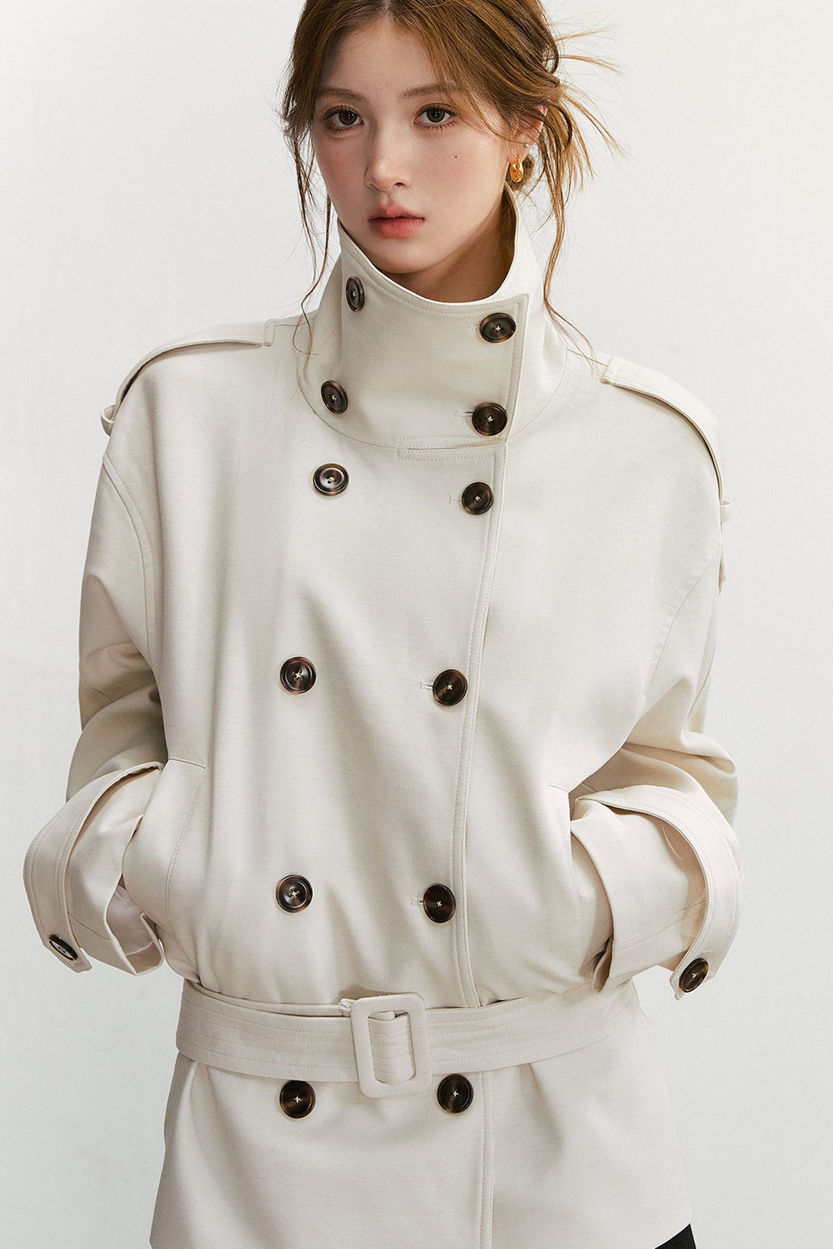 Double-Breasted Stand-Up Collar Trench Belt Coat