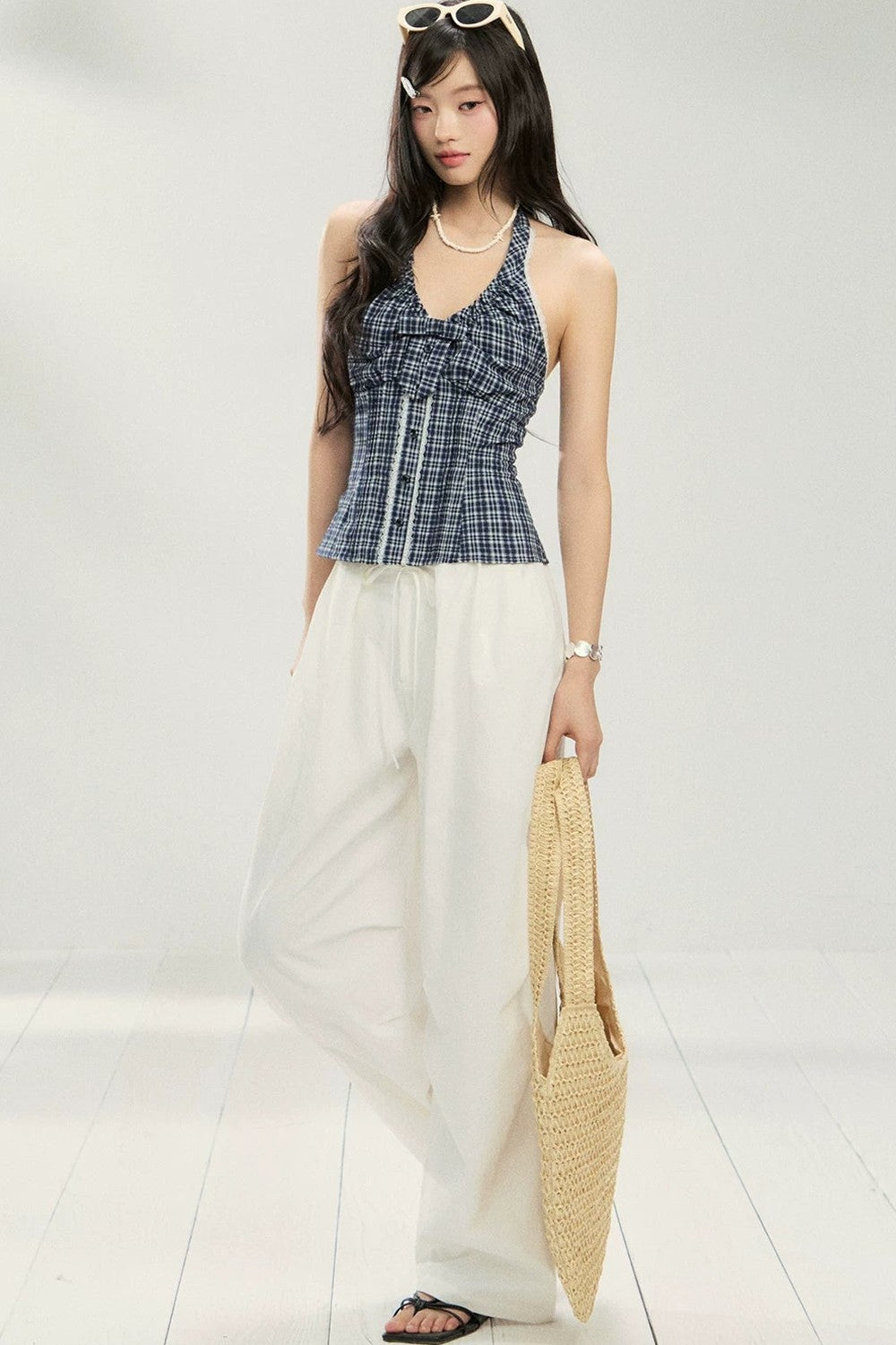 Gilet halter scozzese con fiocco