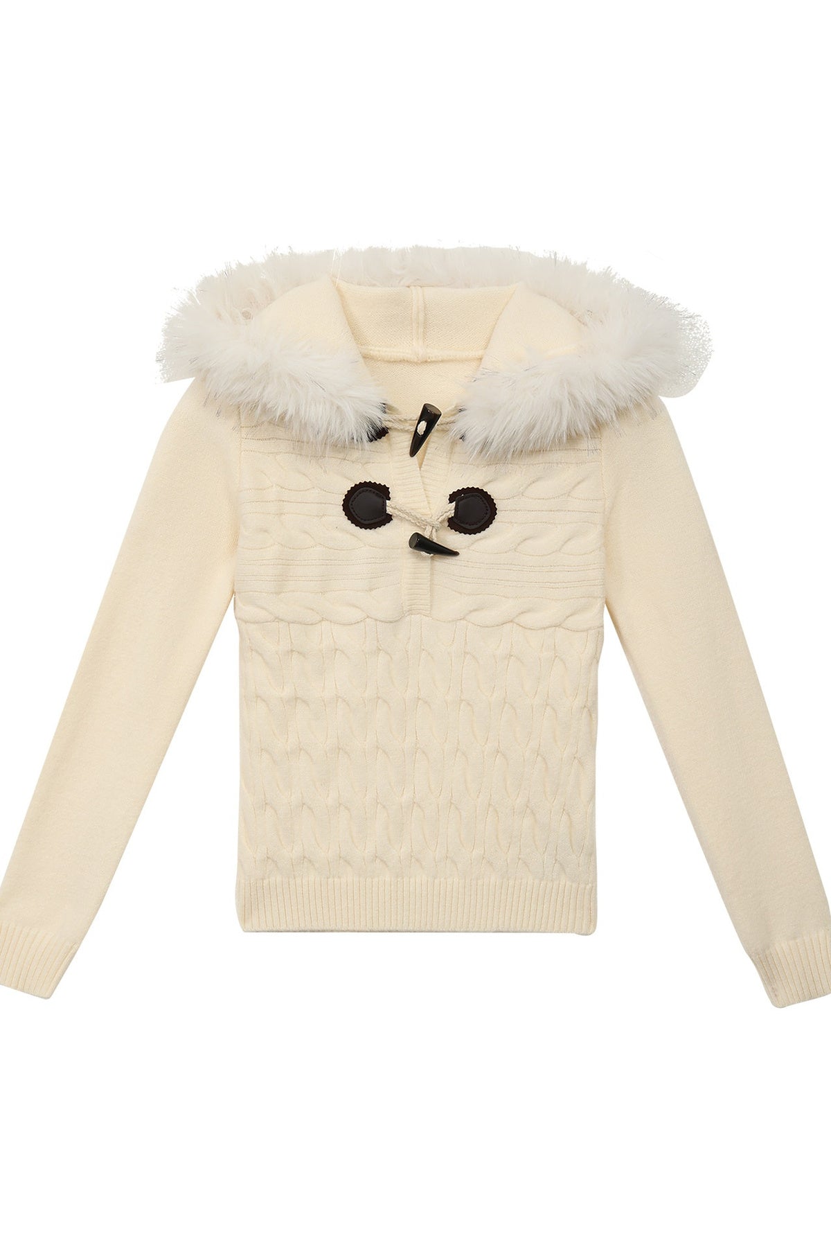 Fur Collar Cable Knit Toggle Sweater