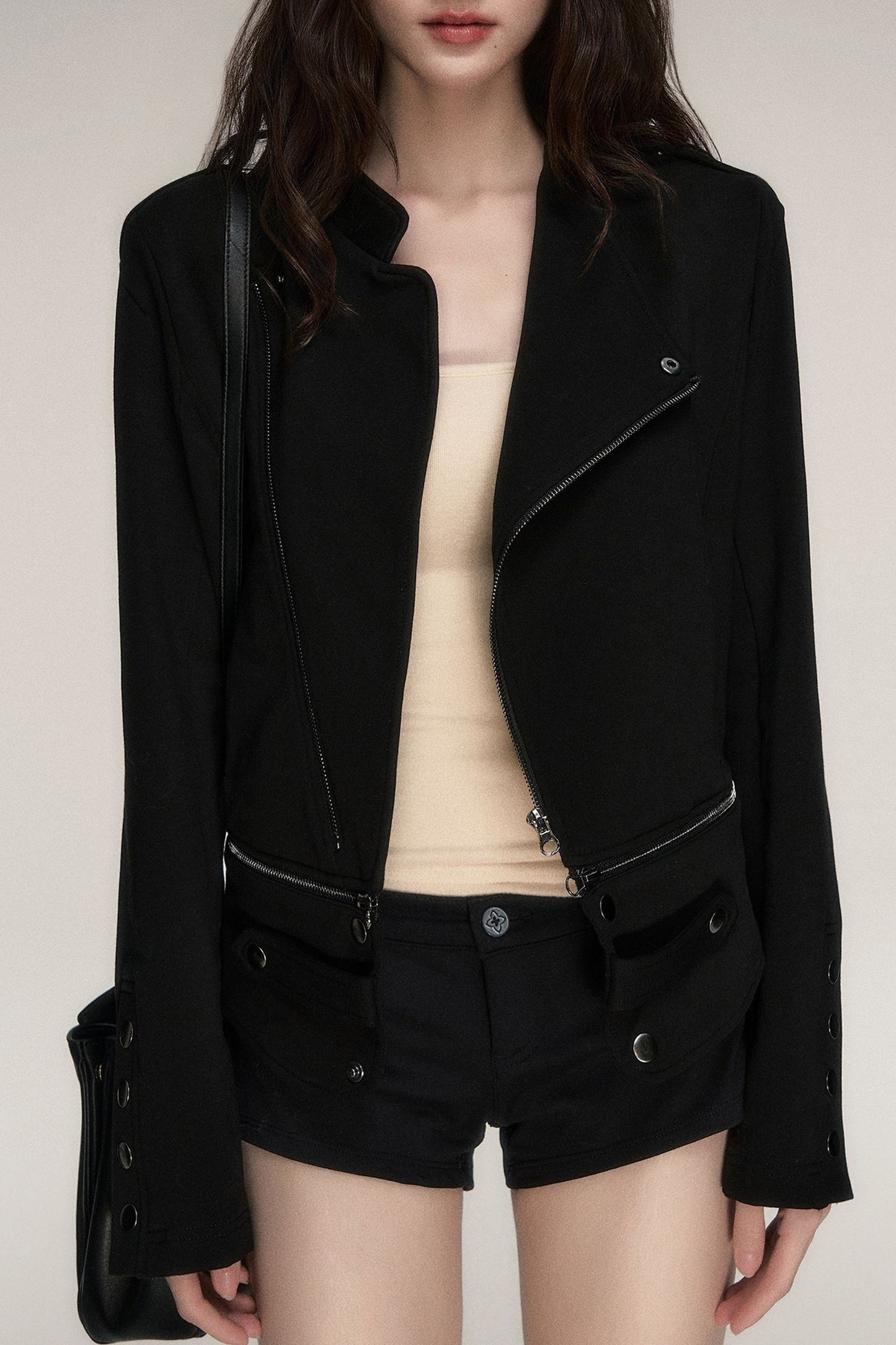 Asymmetrical Metal Zipper Slim Fit Black Jacket