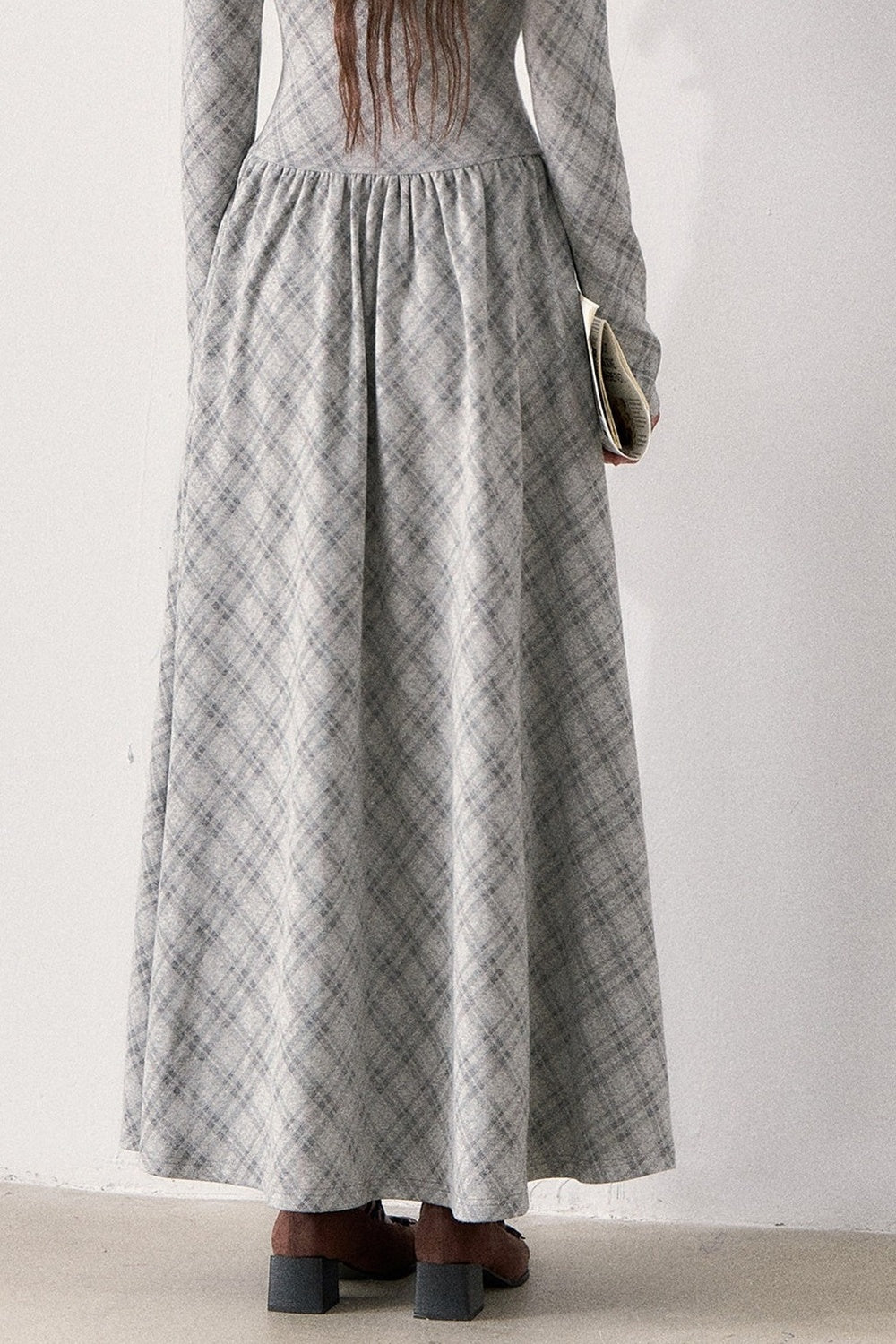 Gray Plaid Stand Collar Long Dress