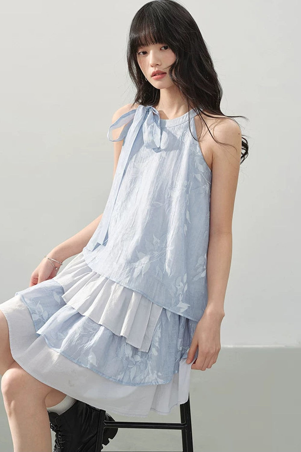 Blue Halter Print Tiered Dress