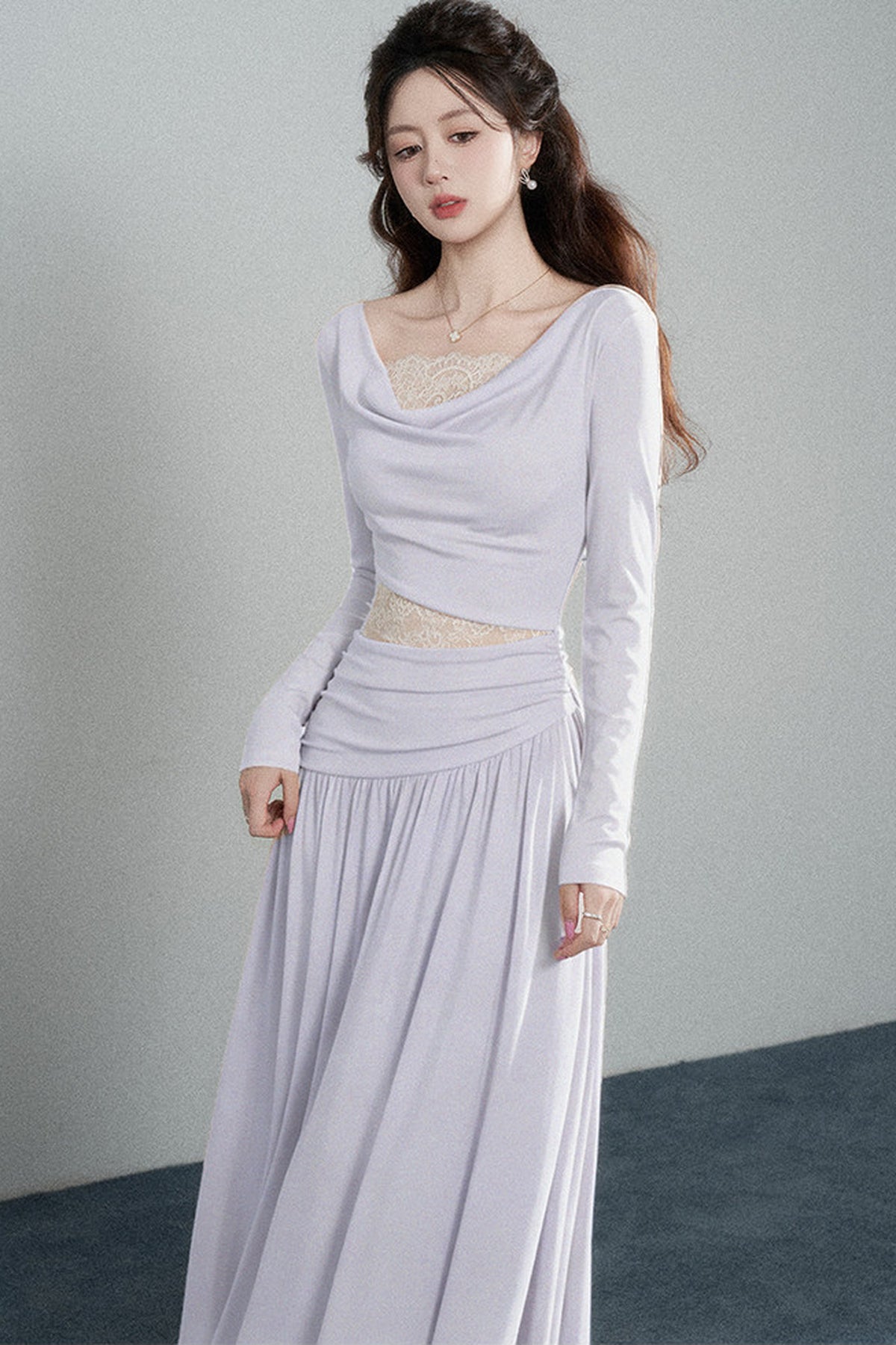 Pink Drape Neck Knit Long Dress