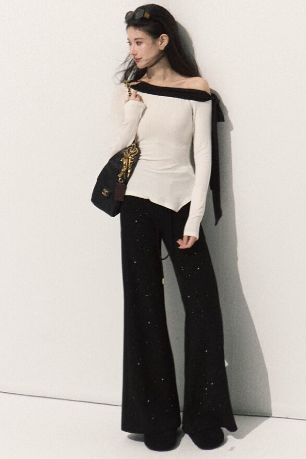 Silver-Embellished High-Waisted Wide-Leg Pants