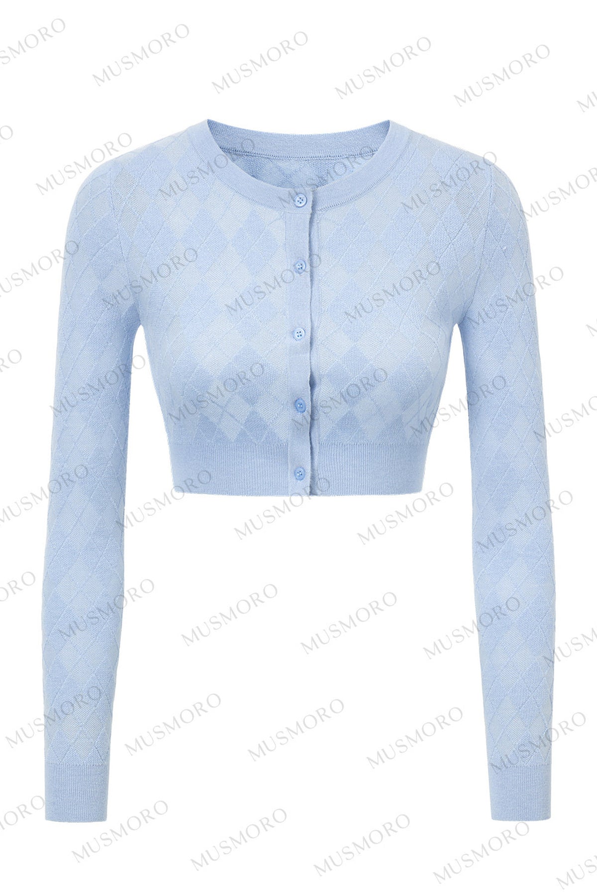 Ensemble cardigan dos-nu à col V en maille à losanges bleu layette