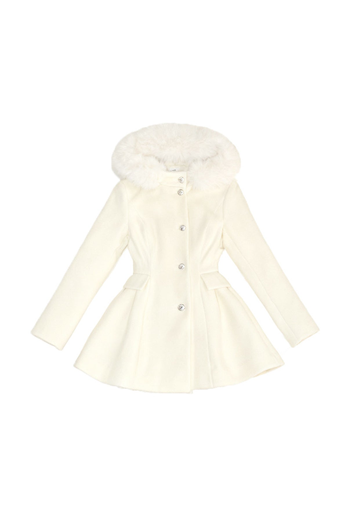 Ivory Hooded Fur Collar Wool Coat