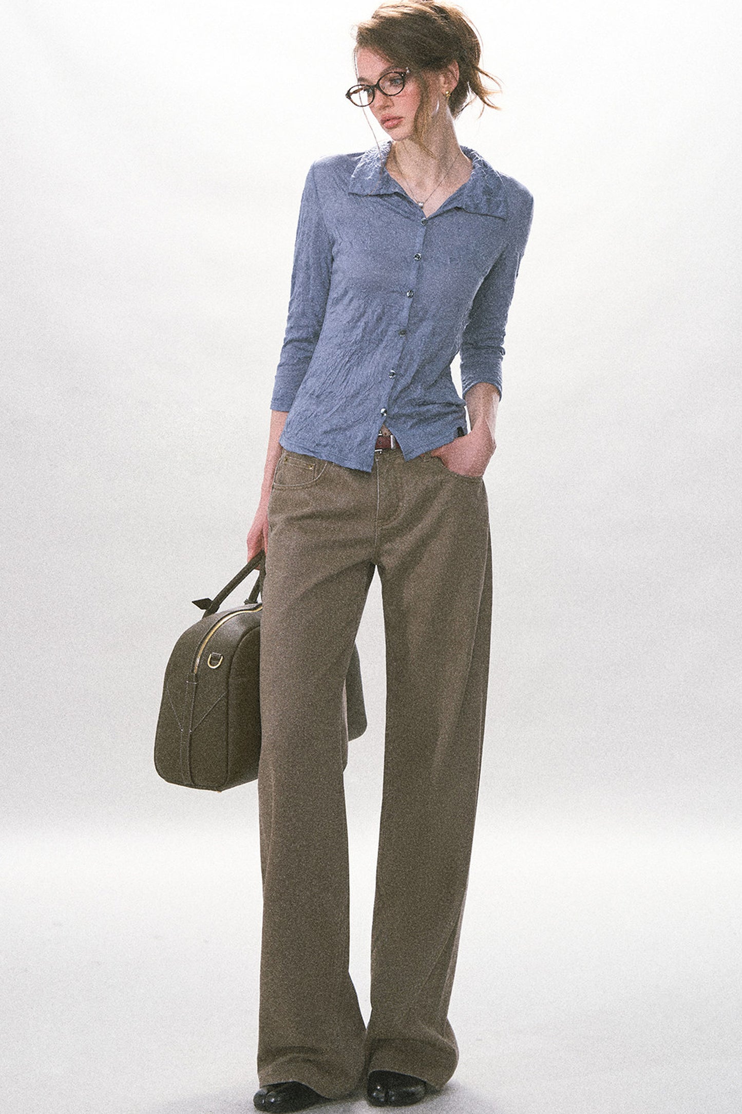 Textured Pleated Button Up Shirt